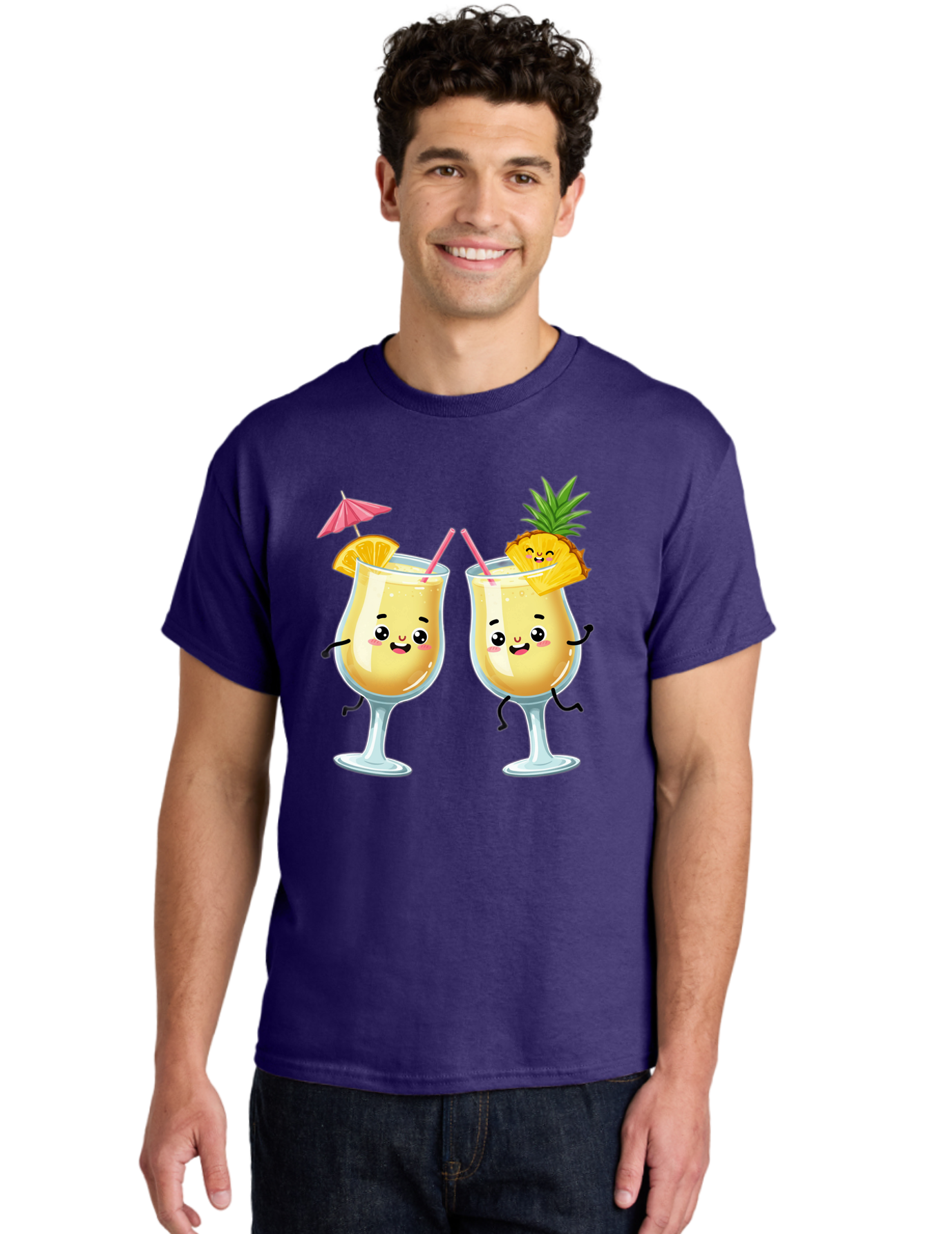 Cocktail-Glasses Men'S Graphic Tee, 100% Cotton, Comfortable Casual Summer Wear, Machine Washable, Cartoon Cocktail Glasses, Summer Drinks, Pineapple Cocktail, Orange Slice Garnish, Pink Umbrella, Funny Drinks, Tropical Beverages, Bac873