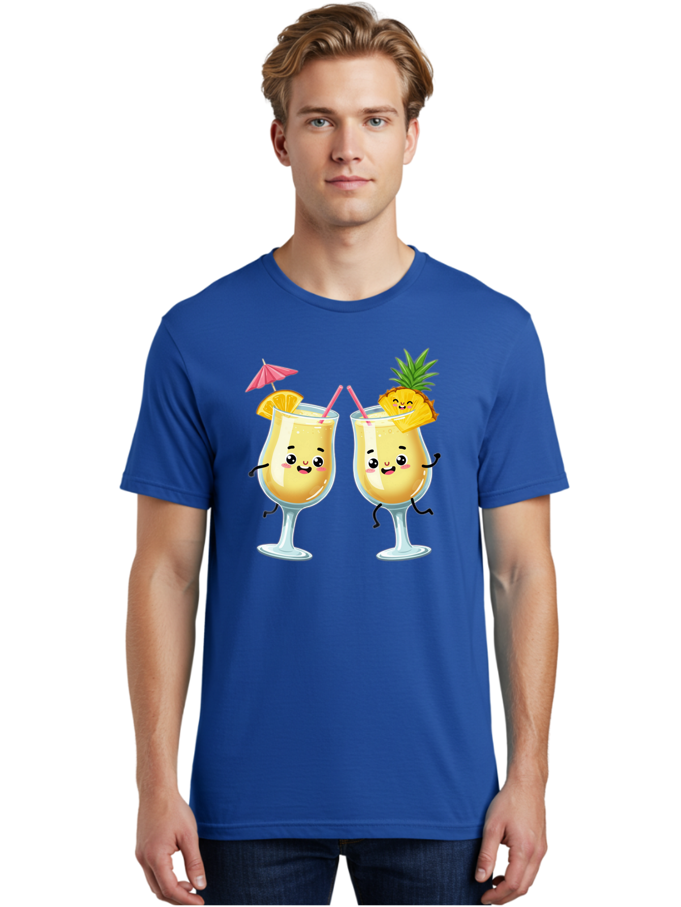 Cocktail-Glasses Men'S Graphic Tee, 100% Cotton, Comfortable Casual Summer Wear, Machine Washable, Cartoon Cocktail Glasses, Summer Drinks, Pineapple Cocktail, Orange Slice Garnish, Pink Umbrella, Funny Drinks, Tropical Beverages, Bac873
