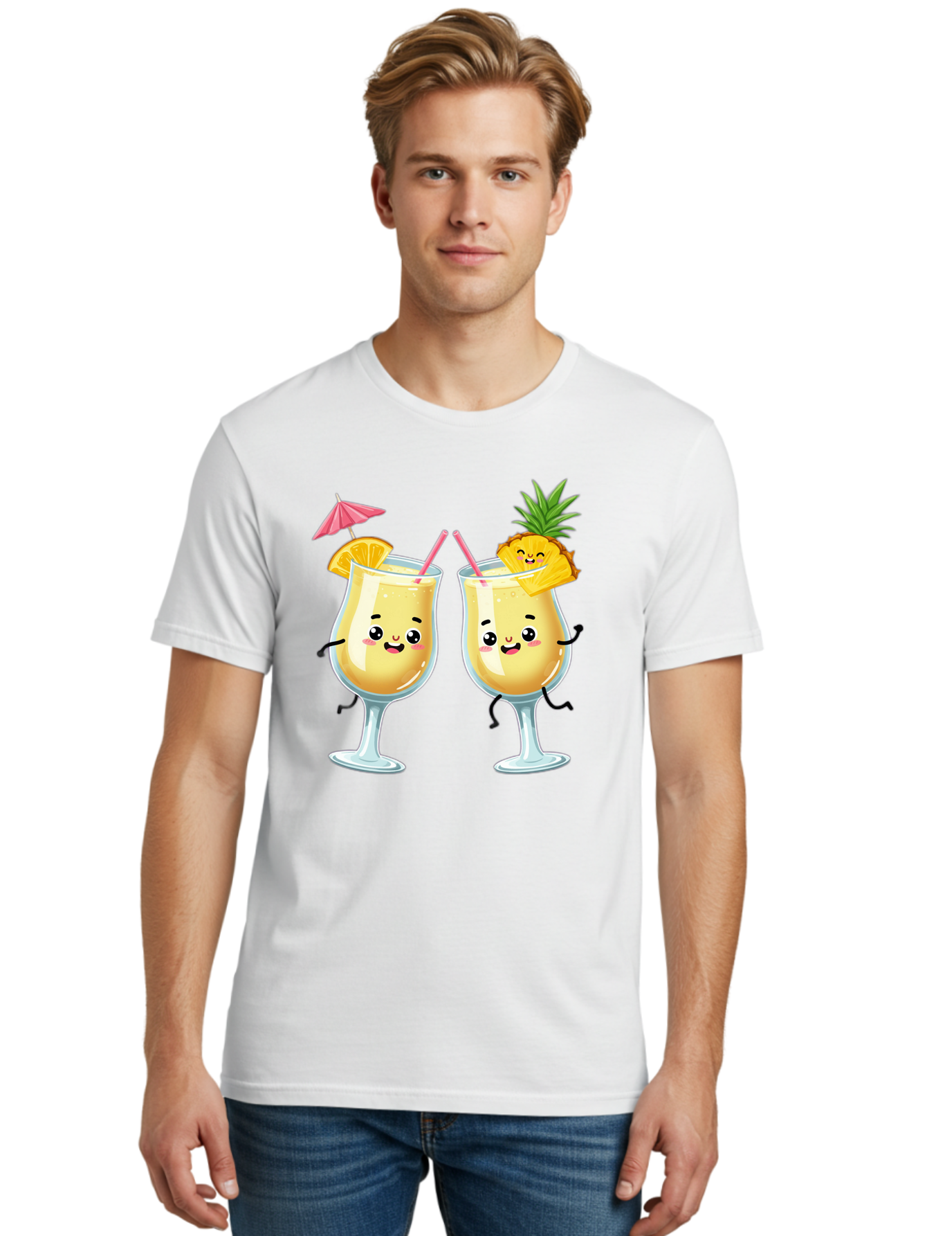 Cocktail-Glasses Men'S Graphic Tee, 100% Cotton, Comfortable Casual Summer Wear, Machine Washable, Cartoon Cocktail Glasses, Summer Drinks, Pineapple Cocktail, Orange Slice Garnish, Pink Umbrella, Funny Drinks, Tropical Beverages, Bac873