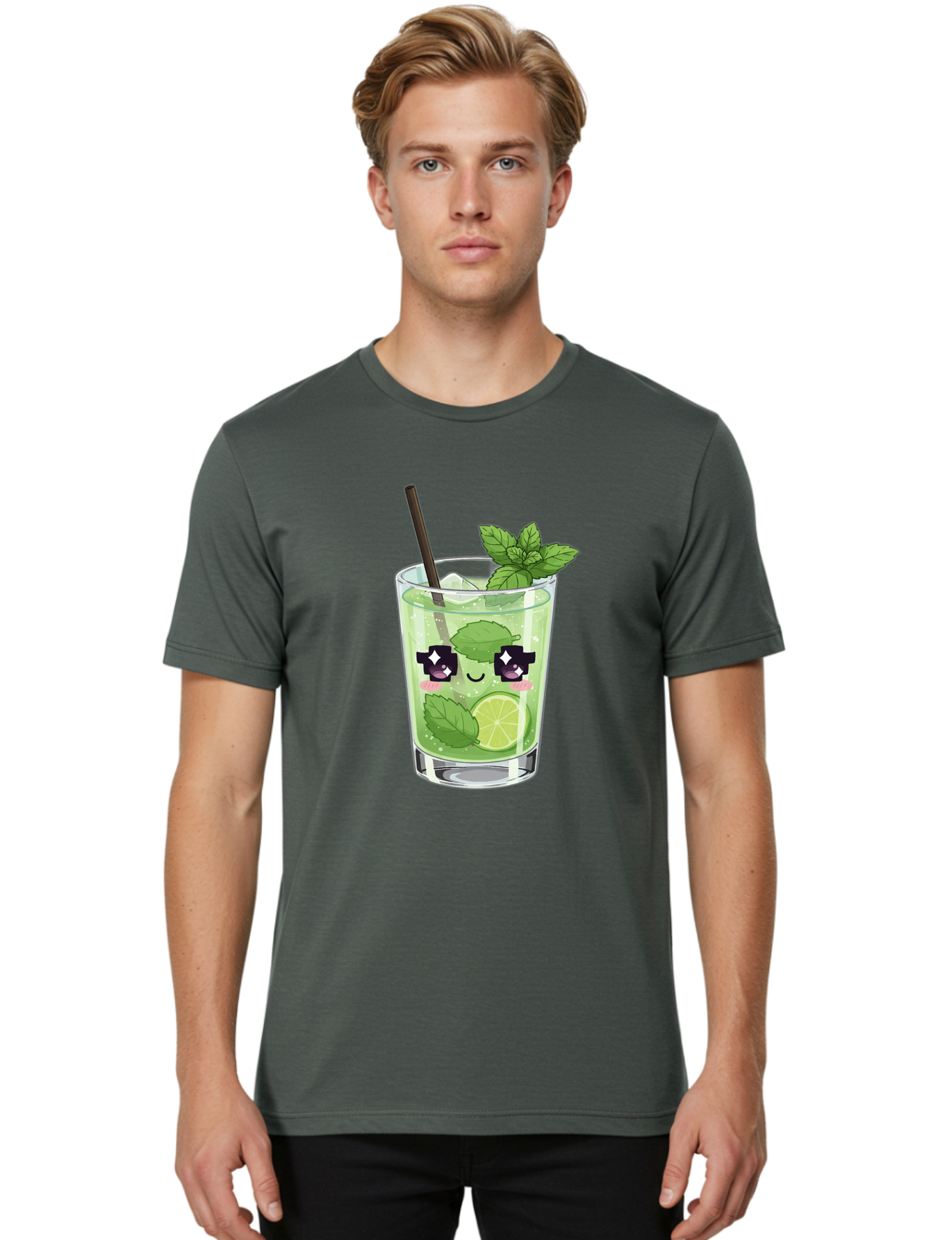 Cocktail-Mojito Men'S Graphic Tee, 100% Cotton, Comfortable Casual Summer Wear, Machine Washable, Mint Leaves, Lime Slice, Mojito Cocktail, Cartoon Character, Refreshing Drink, Cool Beverage, Summer Vibes, Cute Face Bac874