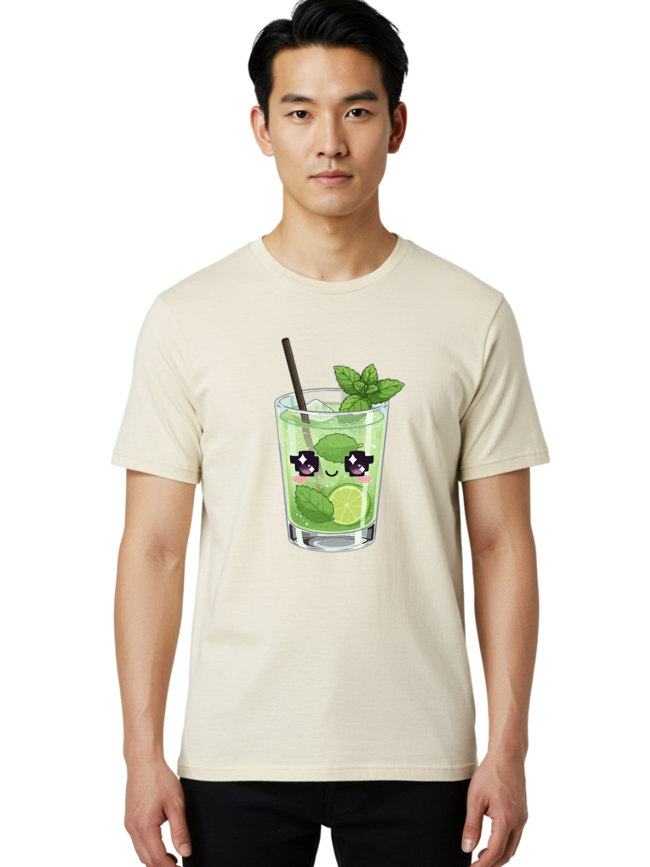 Cocktail-Mojito Men'S Graphic Tee, 100% Cotton, Comfortable Casual Summer Wear, Machine Washable, Mint Leaves, Lime Slice, Mojito Cocktail, Cartoon Character, Refreshing Drink, Cool Beverage, Summer Vibes, Cute Face Bac874
