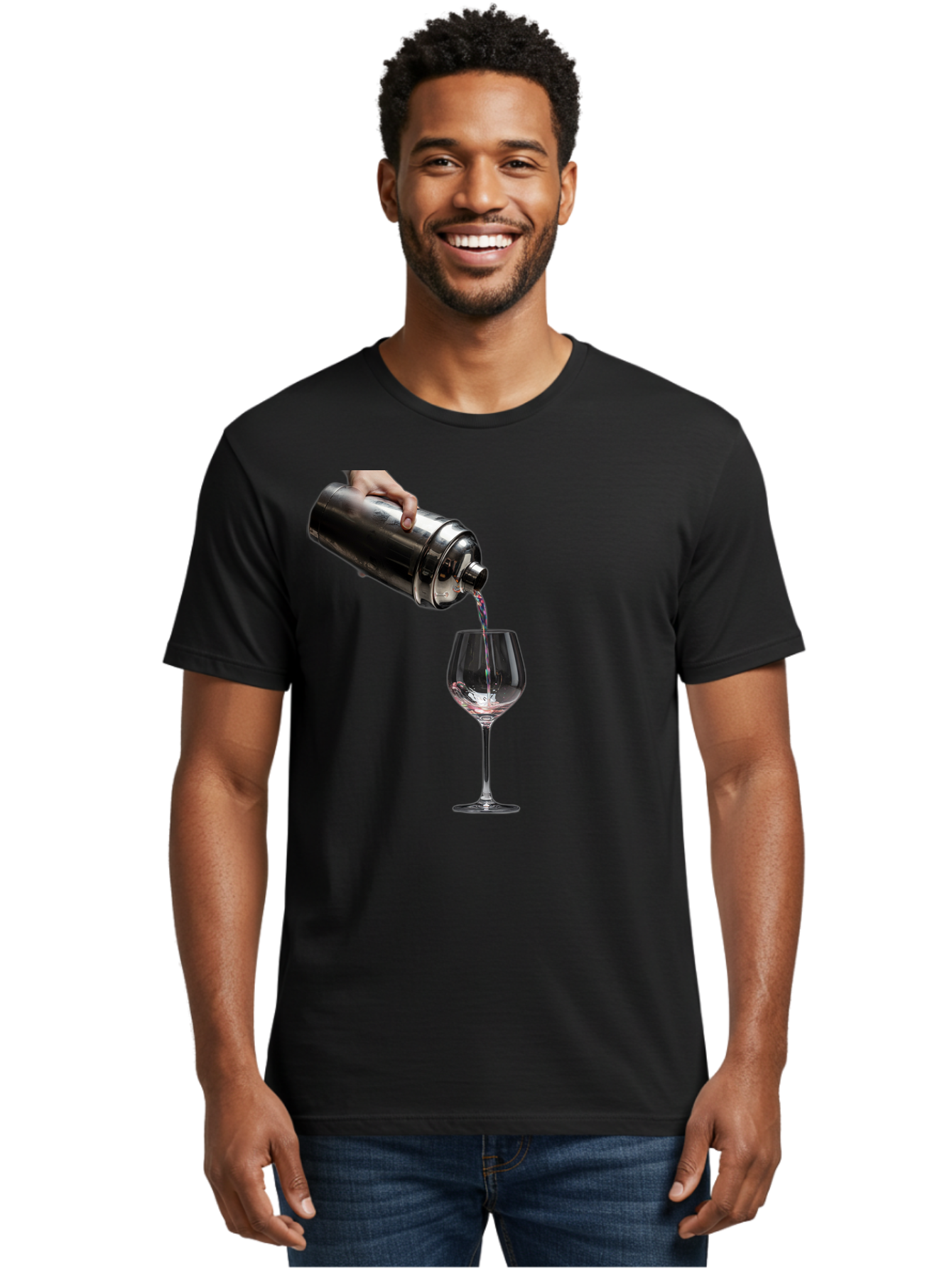 Cocktail-Shaker-Pouring Men'S Graphic Tee, 100% Cotton, Comfortable Casual Summer Wear, Machine Washable, Cocktail Being Poured, Drink In Glass, Metal Cocktail Shaker, Pouring Drink, Alcohol Beverage, Mixology, Cocktail Recipe, Stylish Drink Bac875