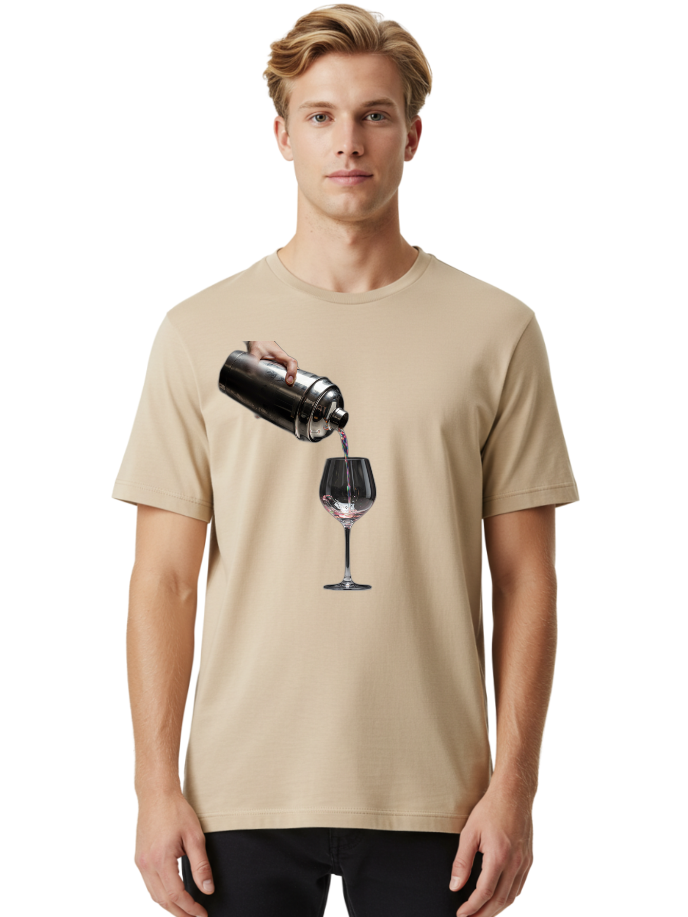 Cocktail-Shaker-Pouring Men'S Graphic Tee, 100% Cotton, Comfortable Casual Summer Wear, Machine Washable, Cocktail Being Poured, Drink In Glass, Metal Cocktail Shaker, Pouring Drink, Alcohol Beverage, Mixology, Cocktail Recipe, Stylish Drink Bac875