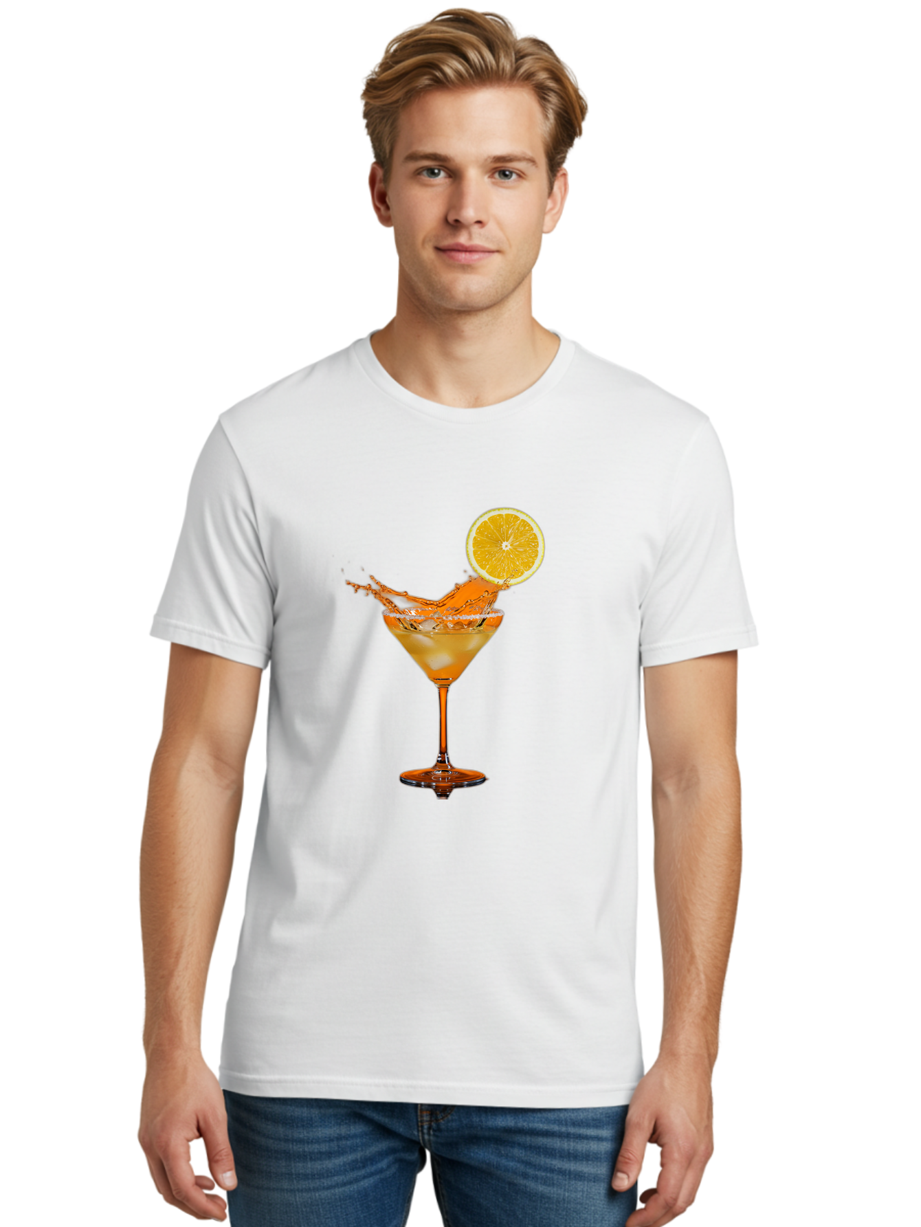 Cocktail-Splash Men'S Graphic Tee, 100% Cotton, Comfortable Casual Summer Wear, Machine Washable, Martini Glass, Orange Cocktail, Splash Effect, Citrus Twist, Refreshing Drink, Elegant Glassware, Stylish Beverage, Orange Slice Garnish, Bac876