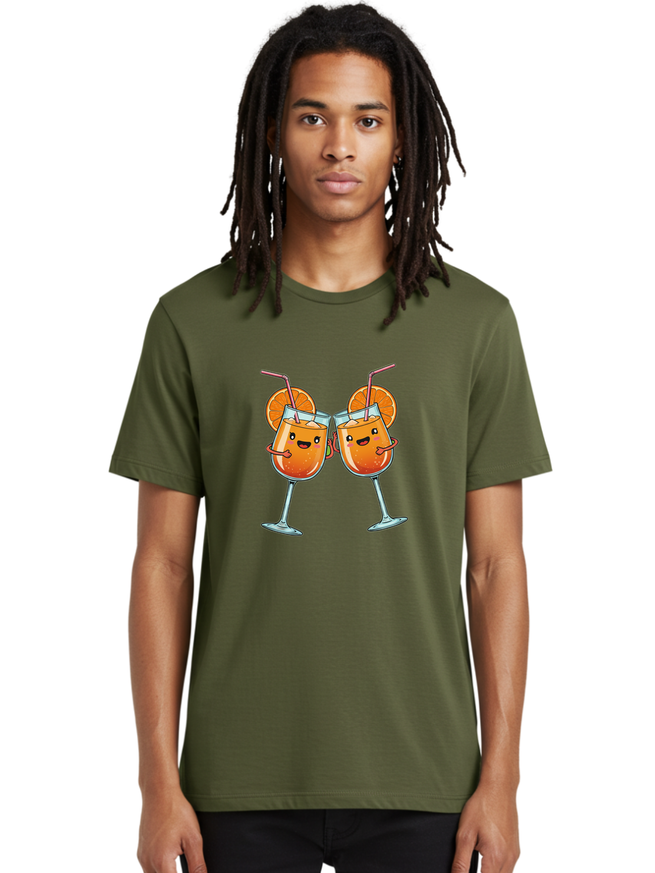 Cocktail-Toast Men'S Graphic Tee, 100% Cotton, Comfortable Casual Summer Wear, Machine Washable, Orange Cocktails, Wine Glasses Toasting, Cartoon Drinks, Orange Slices, Straws, Happy Faces, Fun Illustration, Cheers, Refreshing Drinks, Bac877