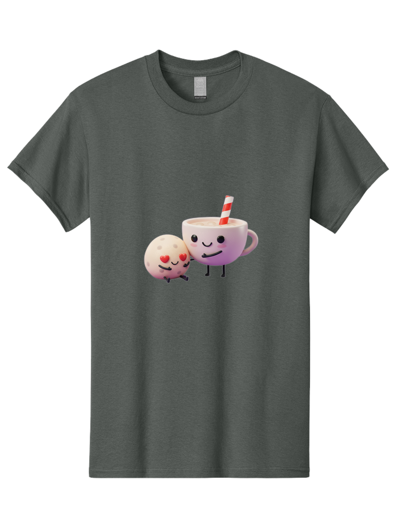 Coffee-Cup-And-Cookie Men'S Graphic Tee, 100% Cotton, Comfortable Casual Summer Wear, Machine Washable, Cartoon Cup, Smiling Cookie, Heart Eyes, Striped Straw, Cute Characters, Anthropomorphic Objects, Playful Design, Whimsical Illustration, Bac878