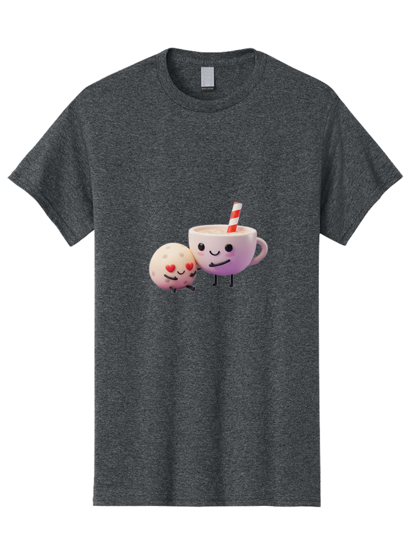 Coffee-Cup-And-Cookie Men'S Graphic Tee, 100% Cotton, Comfortable Casual Summer Wear, Machine Washable, Cartoon Cup, Smiling Cookie, Heart Eyes, Striped Straw, Cute Characters, Anthropomorphic Objects, Playful Design, Whimsical Illustration, Bac878