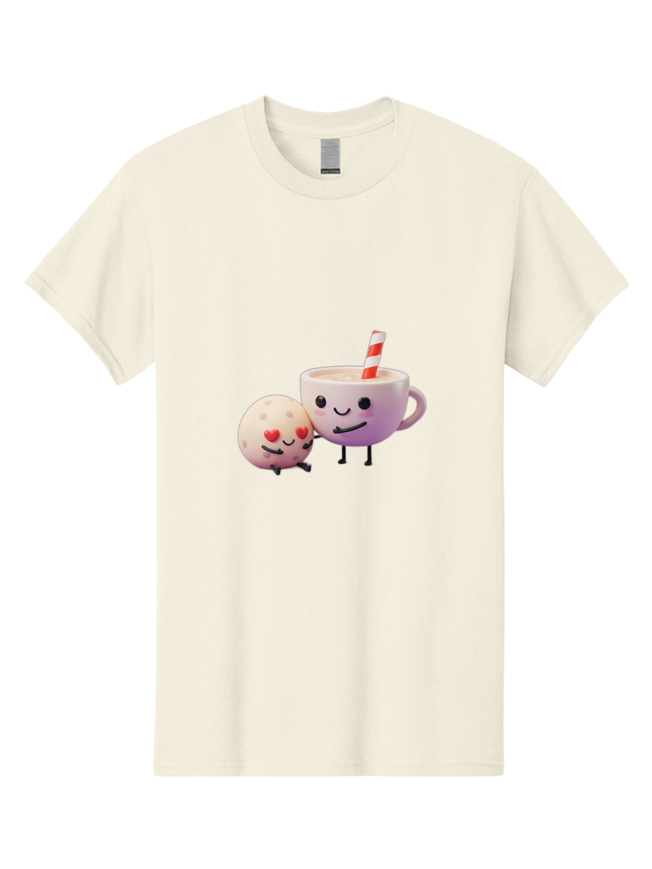 Coffee-Cup-And-Cookie Men'S Graphic Tee, 100% Cotton, Comfortable Casual Summer Wear, Machine Washable, Cartoon Cup, Smiling Cookie, Heart Eyes, Striped Straw, Cute Characters, Anthropomorphic Objects, Playful Design, Whimsical Illustration, Bac878