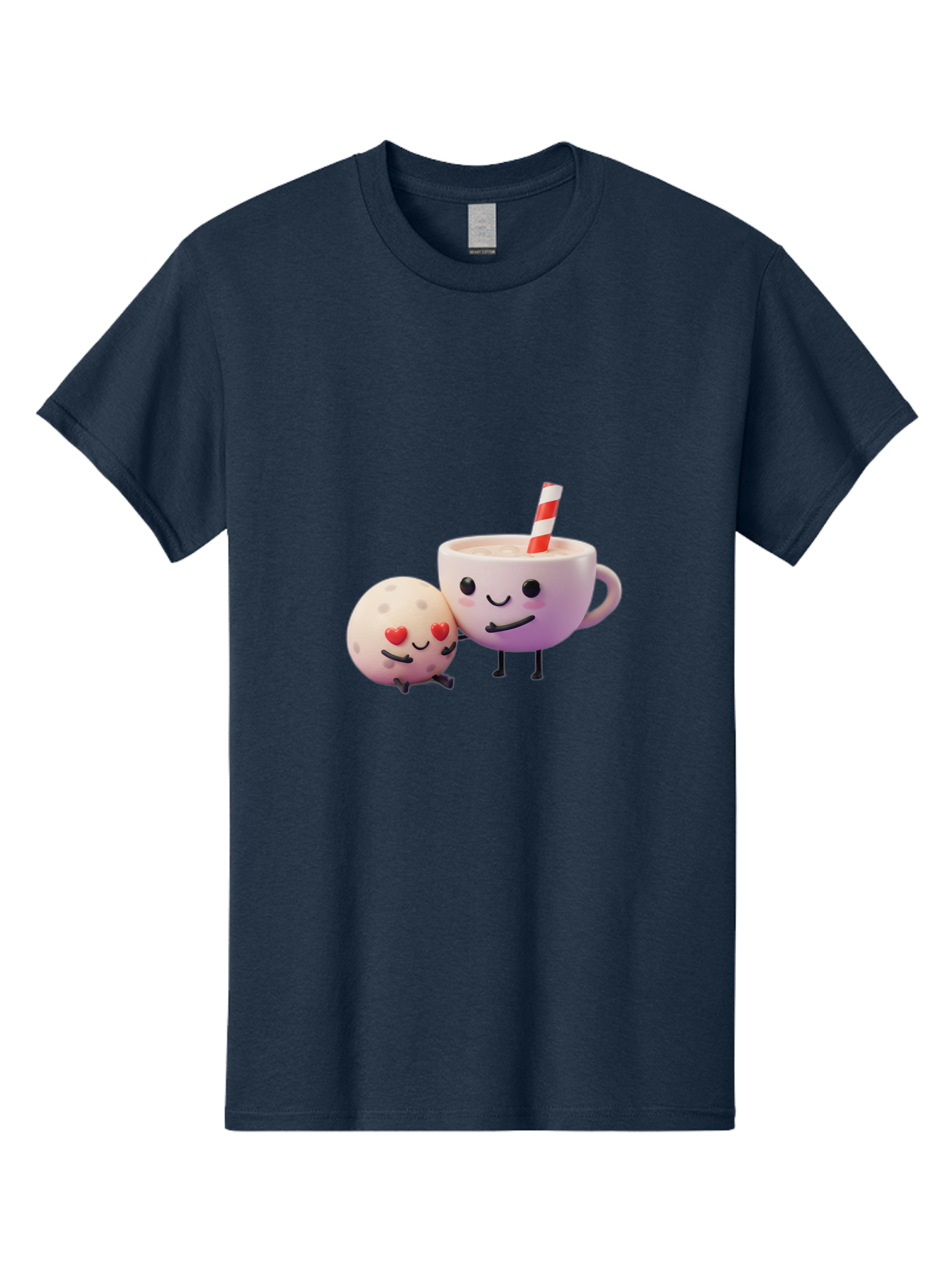 Coffee-Cup-And-Cookie Men'S Graphic Tee, 100% Cotton, Comfortable Casual Summer Wear, Machine Washable, Cartoon Cup, Smiling Cookie, Heart Eyes, Striped Straw, Cute Characters, Anthropomorphic Objects, Playful Design, Whimsical Illustration, Bac878