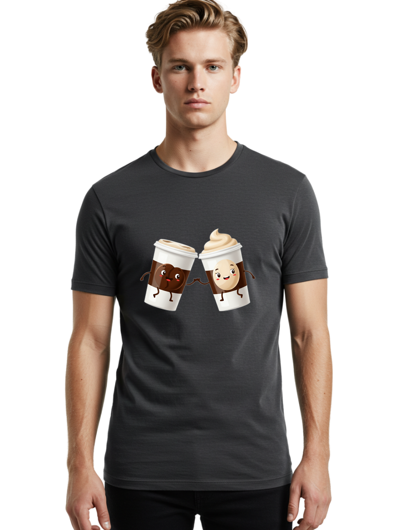 Coffee-Cups Men'S Graphic Tee, 100% Cotton, Comfortable Casual Summer Wear, Machine Washable, Cartoon Coffee Cups, Coffee Characters, Happy Faces, Anthropomorphic Cups, Playful Illustration, Hot Beverages, Cartoon Style, Cup Designs, Bac879