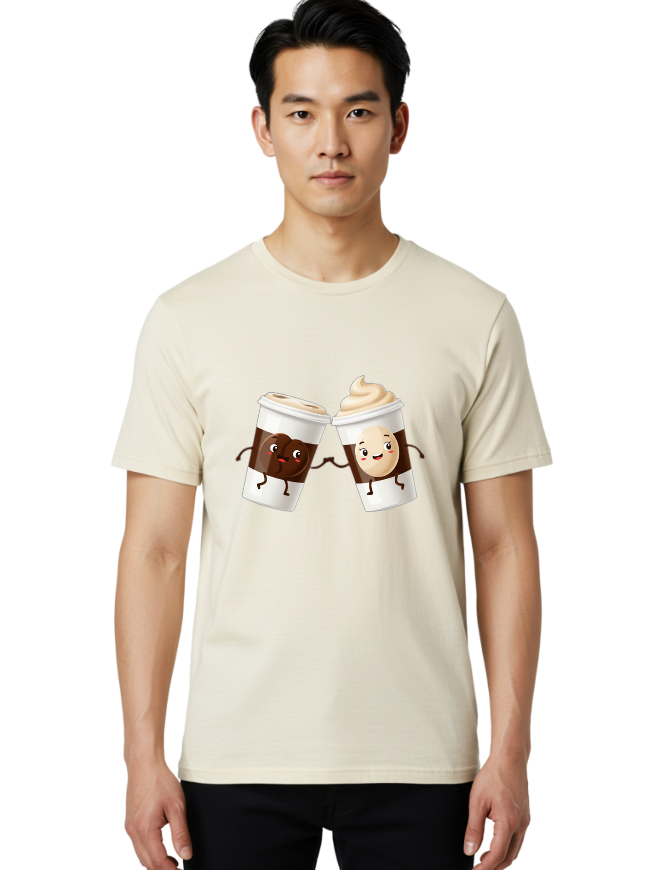 Coffee-Cups Men'S Graphic Tee, 100% Cotton, Comfortable Casual Summer Wear, Machine Washable, Cartoon Coffee Cups, Coffee Characters, Happy Faces, Anthropomorphic Cups, Playful Illustration, Hot Beverages, Cartoon Style, Cup Designs, Bac879