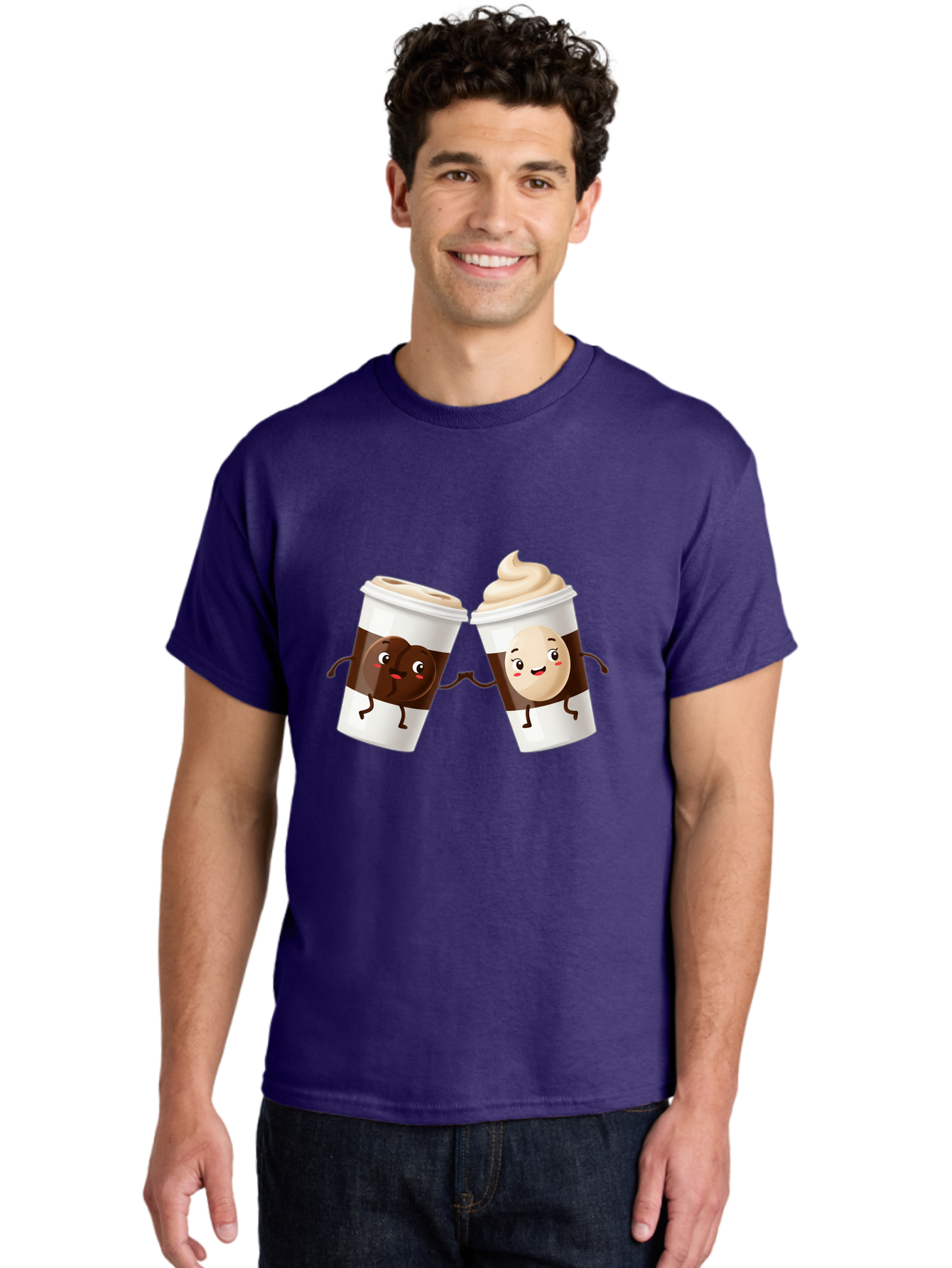 Coffee-Cups Men'S Graphic Tee, 100% Cotton, Comfortable Casual Summer Wear, Machine Washable, Cartoon Coffee Cups, Coffee Characters, Happy Faces, Anthropomorphic Cups, Playful Illustration, Hot Beverages, Cartoon Style, Cup Designs, Bac879