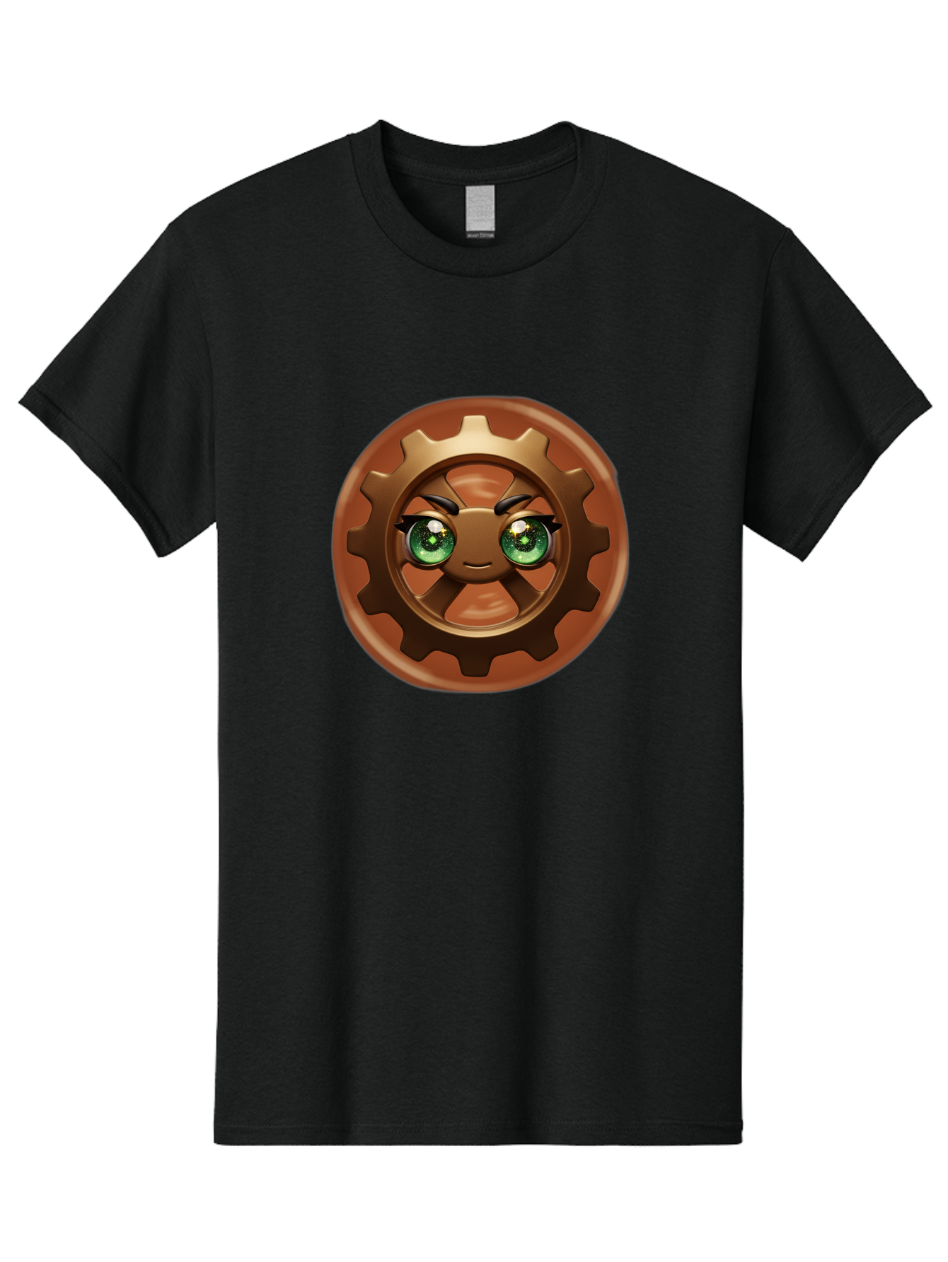 Cog-Character Men'S Graphic Tee, 100% Cotton, Comfortable Casual Summer Wear, Machine Washable, Cartoon Gear Character, Steampunk Design, Mechanical Face, Green Eyes, Eyebrow Raise, 3D Rendering, Gear Teeth, Mechanical Character, Kawaii Style, Bac880
