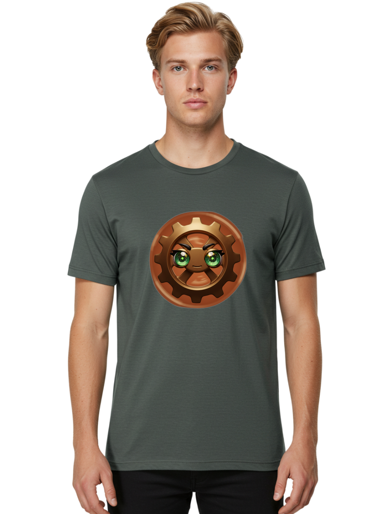 Cog-Character Men'S Graphic Tee, 100% Cotton, Comfortable Casual Summer Wear, Machine Washable, Cartoon Gear Character, Steampunk Design, Mechanical Face, Green Eyes, Eyebrow Raise, 3D Rendering, Gear Teeth, Mechanical Character, Kawaii Style, Bac880