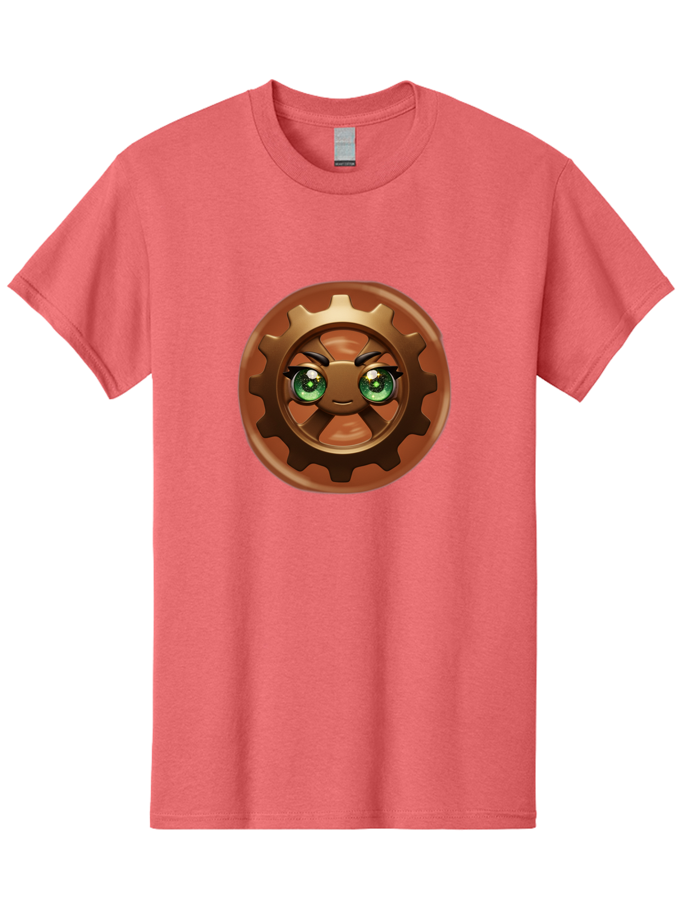 Cog-Character Men'S Graphic Tee, 100% Cotton, Comfortable Casual Summer Wear, Machine Washable, Cartoon Gear Character, Steampunk Design, Mechanical Face, Green Eyes, Eyebrow Raise, 3D Rendering, Gear Teeth, Mechanical Character, Kawaii Style, Bac880