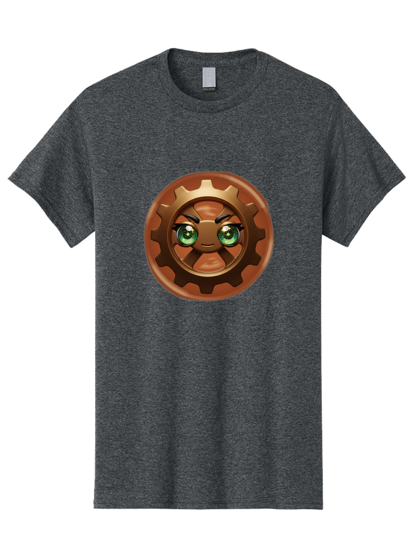 Cog-Character Men'S Graphic Tee, 100% Cotton, Comfortable Casual Summer Wear, Machine Washable, Cartoon Gear Character, Steampunk Design, Mechanical Face, Green Eyes, Eyebrow Raise, 3D Rendering, Gear Teeth, Mechanical Character, Kawaii Style, Bac880