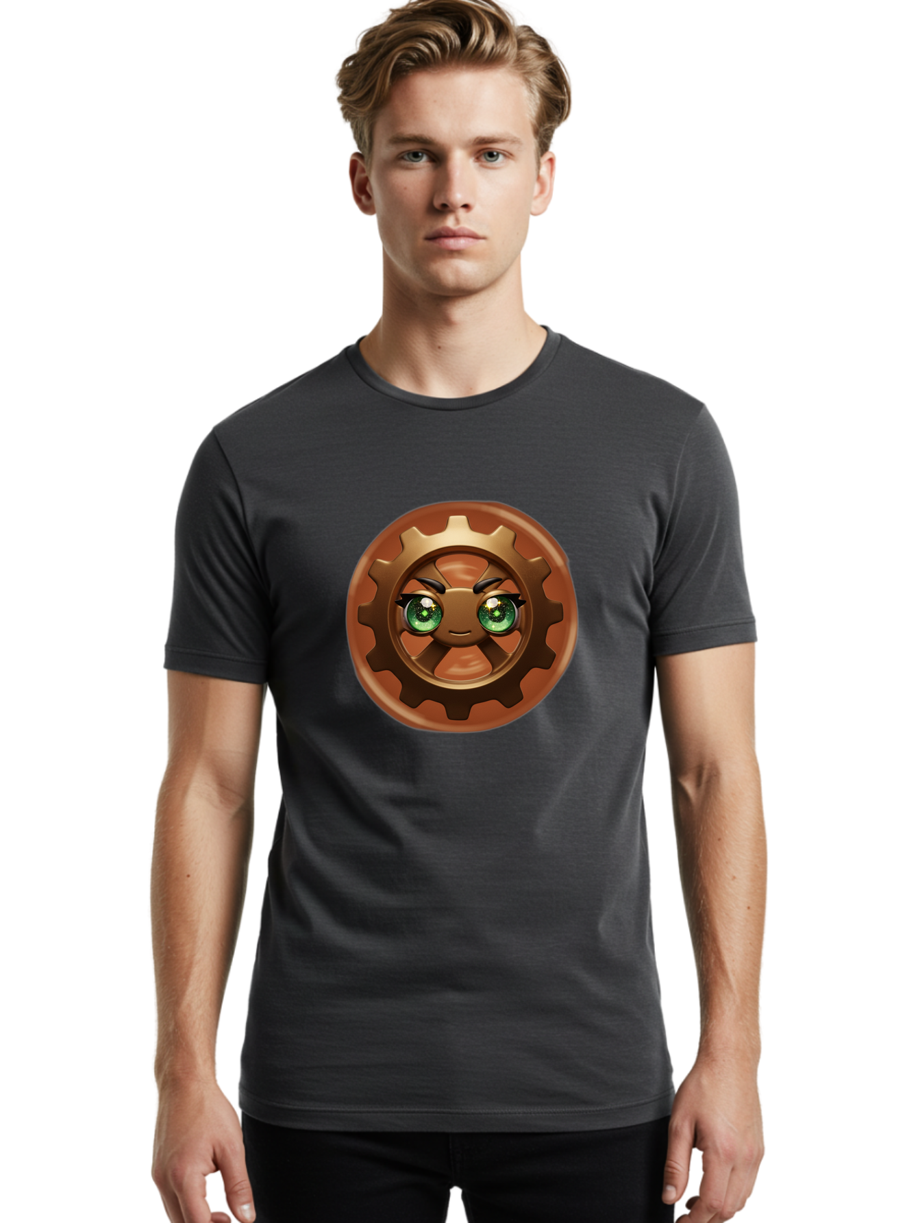 Cog-Character Men'S Graphic Tee, 100% Cotton, Comfortable Casual Summer Wear, Machine Washable, Cartoon Gear Character, Steampunk Design, Mechanical Face, Green Eyes, Eyebrow Raise, 3D Rendering, Gear Teeth, Mechanical Character, Kawaii Style, Bac880