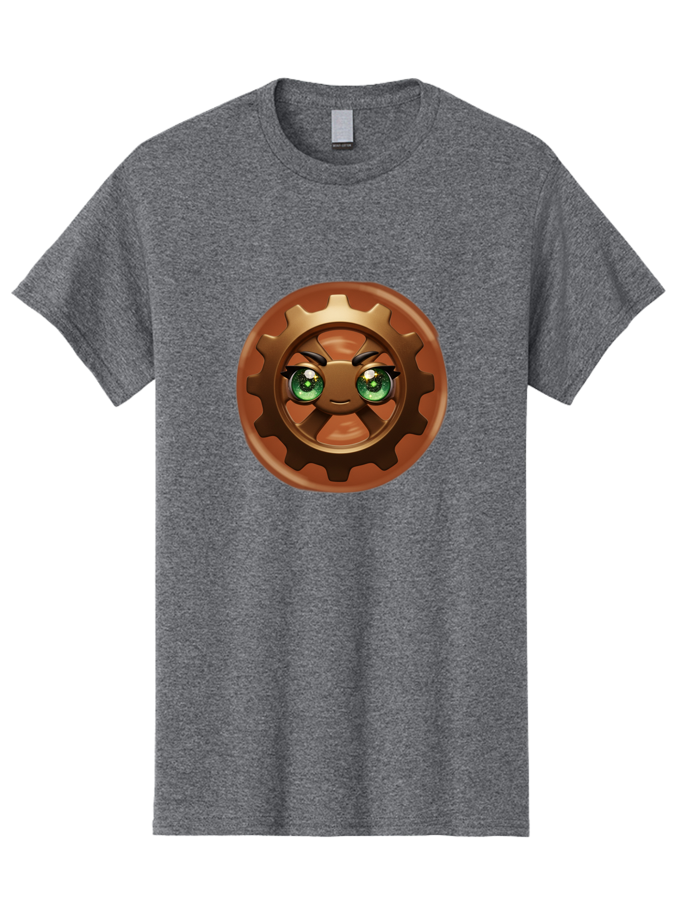 Cog-Character Men'S Graphic Tee, 100% Cotton, Comfortable Casual Summer Wear, Machine Washable, Cartoon Gear Character, Steampunk Design, Mechanical Face, Green Eyes, Eyebrow Raise, 3D Rendering, Gear Teeth, Mechanical Character, Kawaii Style, Bac880