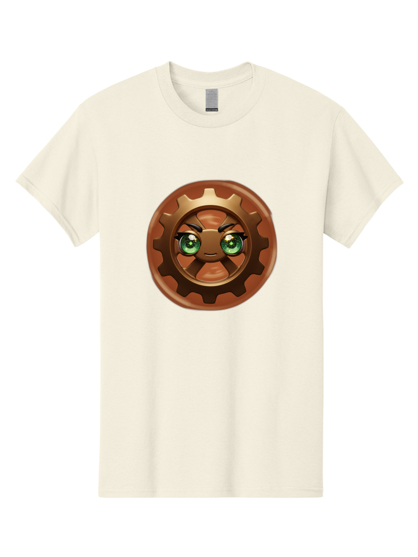 Cog-Character Men'S Graphic Tee, 100% Cotton, Comfortable Casual Summer Wear, Machine Washable, Cartoon Gear Character, Steampunk Design, Mechanical Face, Green Eyes, Eyebrow Raise, 3D Rendering, Gear Teeth, Mechanical Character, Kawaii Style, Bac880