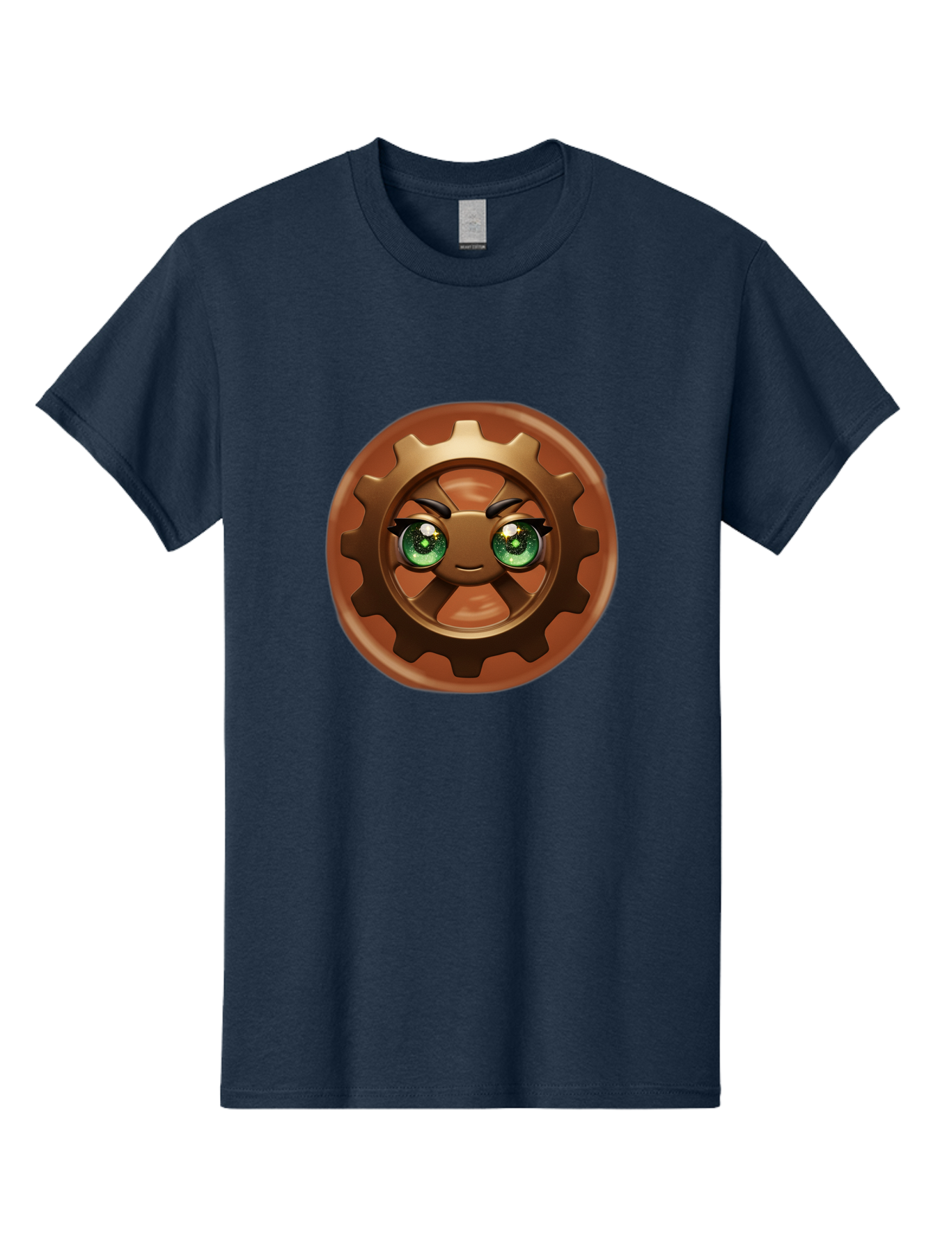 Cog-Character Men'S Graphic Tee, 100% Cotton, Comfortable Casual Summer Wear, Machine Washable, Cartoon Gear Character, Steampunk Design, Mechanical Face, Green Eyes, Eyebrow Raise, 3D Rendering, Gear Teeth, Mechanical Character, Kawaii Style, Bac880