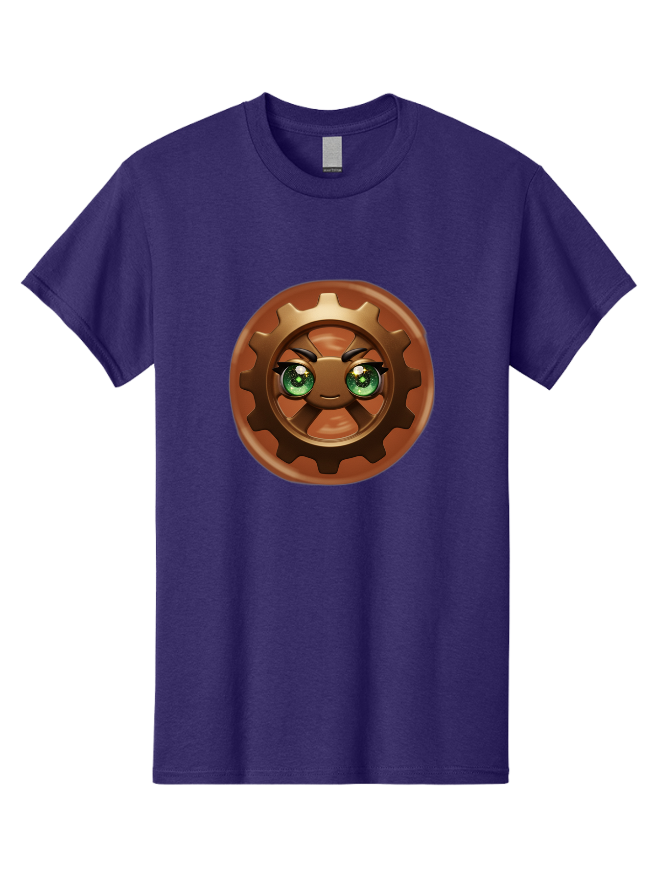 Cog-Character Men'S Graphic Tee, 100% Cotton, Comfortable Casual Summer Wear, Machine Washable, Cartoon Gear Character, Steampunk Design, Mechanical Face, Green Eyes, Eyebrow Raise, 3D Rendering, Gear Teeth, Mechanical Character, Kawaii Style, Bac880
