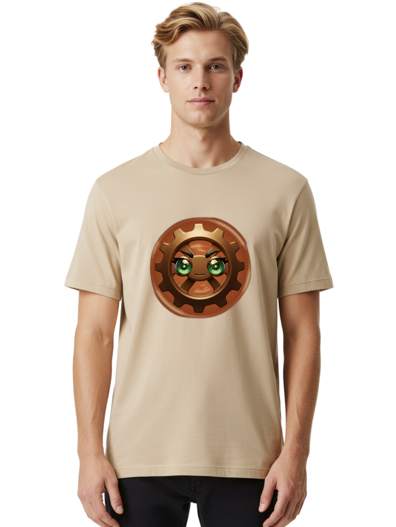 Cog-Character Men'S Graphic Tee, 100% Cotton, Comfortable Casual Summer Wear, Machine Washable, Cartoon Gear Character, Steampunk Design, Mechanical Face, Green Eyes, Eyebrow Raise, 3D Rendering, Gear Teeth, Mechanical Character, Kawaii Style, Bac880