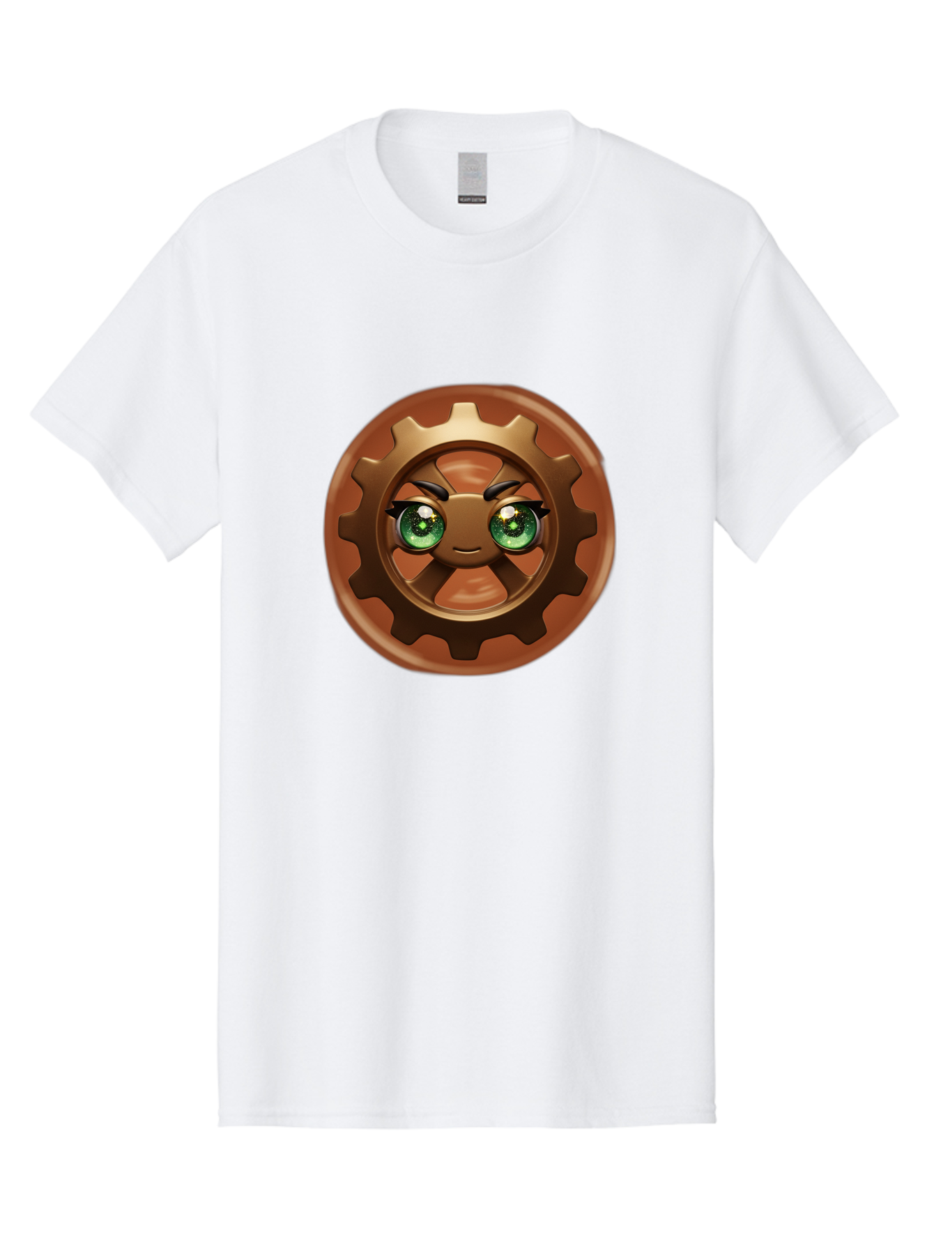 Cog-Character Men'S Graphic Tee, 100% Cotton, Comfortable Casual Summer Wear, Machine Washable, Cartoon Gear Character, Steampunk Design, Mechanical Face, Green Eyes, Eyebrow Raise, 3D Rendering, Gear Teeth, Mechanical Character, Kawaii Style, Bac880
