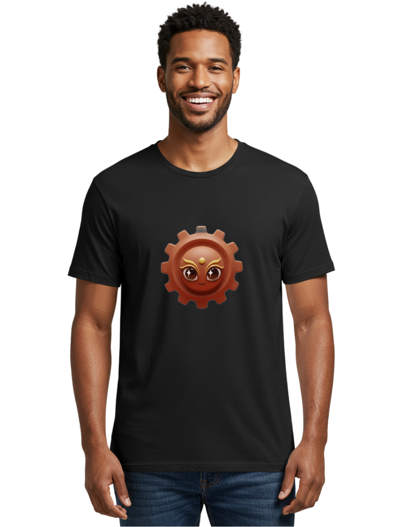 Cog-Emoji-1 Men'S Graphic Tee, 100% Cotton, Comfortable Casual Summer Wear, Machine Washable, Cartoon Cog, Gear Emoji, Mechanical Face, 3D Illustration, Animated Machinery, Robotic Character, Smiling Cog, Tech-Inspired Art, Machinery Parts, Bac881