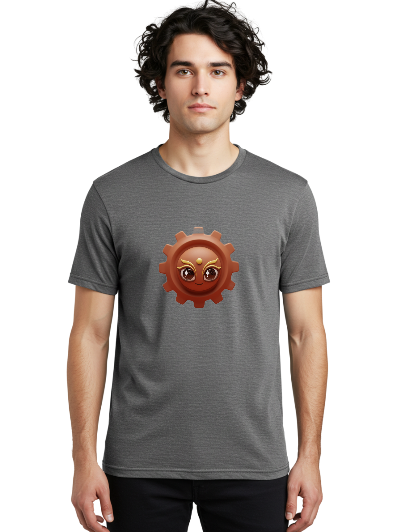 Cog-Emoji-1 Men'S Graphic Tee, 100% Cotton, Comfortable Casual Summer Wear, Machine Washable, Cartoon Cog, Gear Emoji, Mechanical Face, 3D Illustration, Animated Machinery, Robotic Character, Smiling Cog, Tech-Inspired Art, Machinery Parts, Bac881
