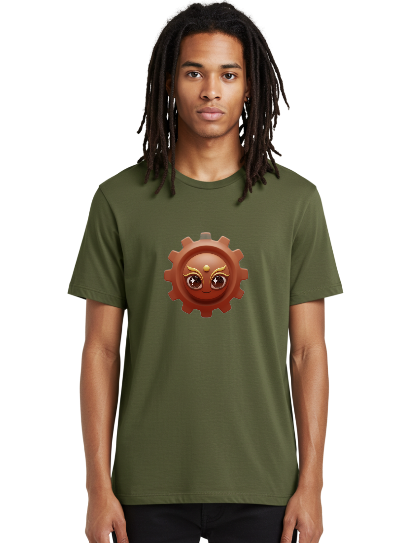 Cog-Emoji-1 Men'S Graphic Tee, 100% Cotton, Comfortable Casual Summer Wear, Machine Washable, Cartoon Cog, Gear Emoji, Mechanical Face, 3D Illustration, Animated Machinery, Robotic Character, Smiling Cog, Tech-Inspired Art, Machinery Parts, Bac881