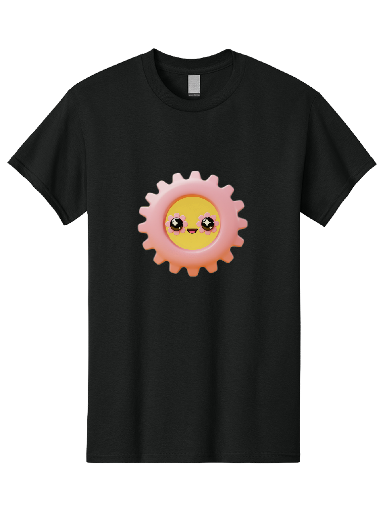 Cog-Emoji Men'S Graphic Tee, 100% Cotton, Comfortable Casual Summer Wear, Machine Washable, Pink Gear, Smiley Face, Cartoon Character, Playful Smile, Happy Expression, Cute Design, Toothed Wheel, Yellow Center, Black Eyes Bac882