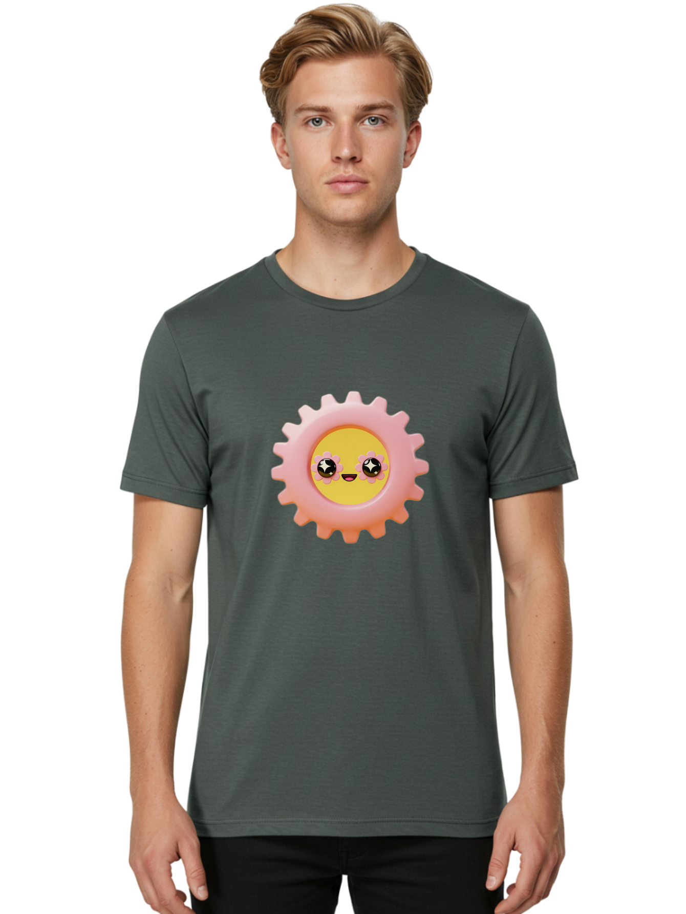 Cog-Emoji Men'S Graphic Tee, 100% Cotton, Comfortable Casual Summer Wear, Machine Washable, Pink Gear, Smiley Face, Cartoon Character, Playful Smile, Happy Expression, Cute Design, Toothed Wheel, Yellow Center, Black Eyes Bac882
