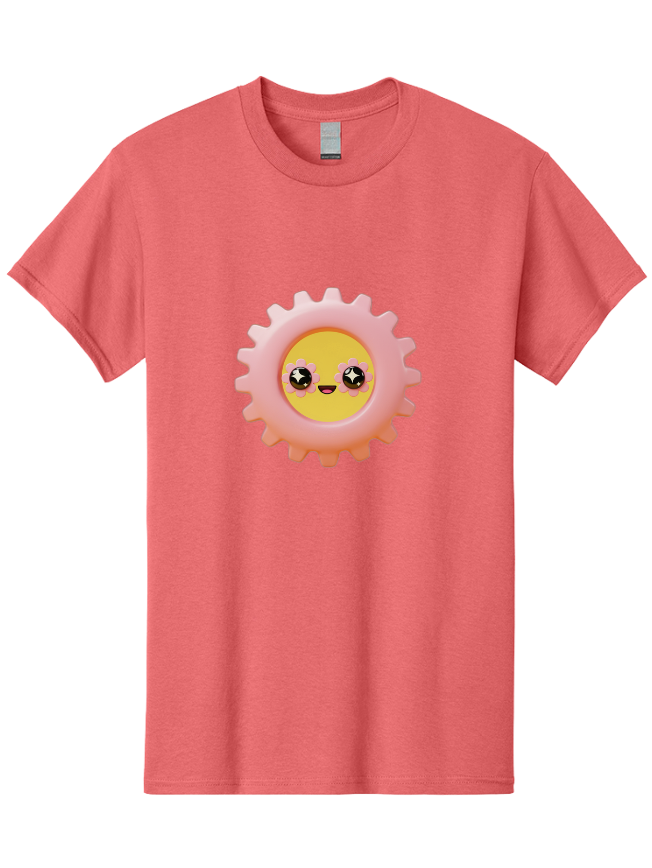 Cog-Emoji Men'S Graphic Tee, 100% Cotton, Comfortable Casual Summer Wear, Machine Washable, Pink Gear, Smiley Face, Cartoon Character, Playful Smile, Happy Expression, Cute Design, Toothed Wheel, Yellow Center, Black Eyes Bac882