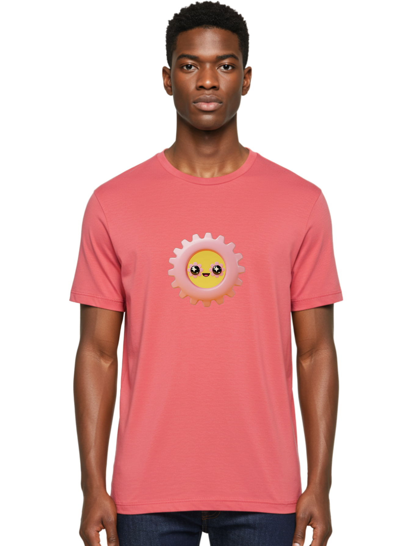 Cog-Emoji Men'S Graphic Tee, 100% Cotton, Comfortable Casual Summer Wear, Machine Washable, Pink Gear, Smiley Face, Cartoon Character, Playful Smile, Happy Expression, Cute Design, Toothed Wheel, Yellow Center, Black Eyes Bac882