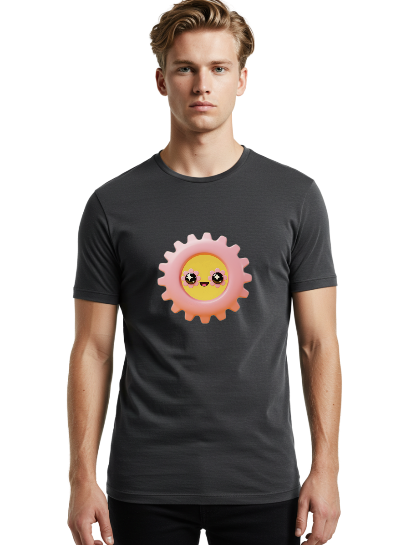 Cog-Emoji Men'S Graphic Tee, 100% Cotton, Comfortable Casual Summer Wear, Machine Washable, Pink Gear, Smiley Face, Cartoon Character, Playful Smile, Happy Expression, Cute Design, Toothed Wheel, Yellow Center, Black Eyes Bac882