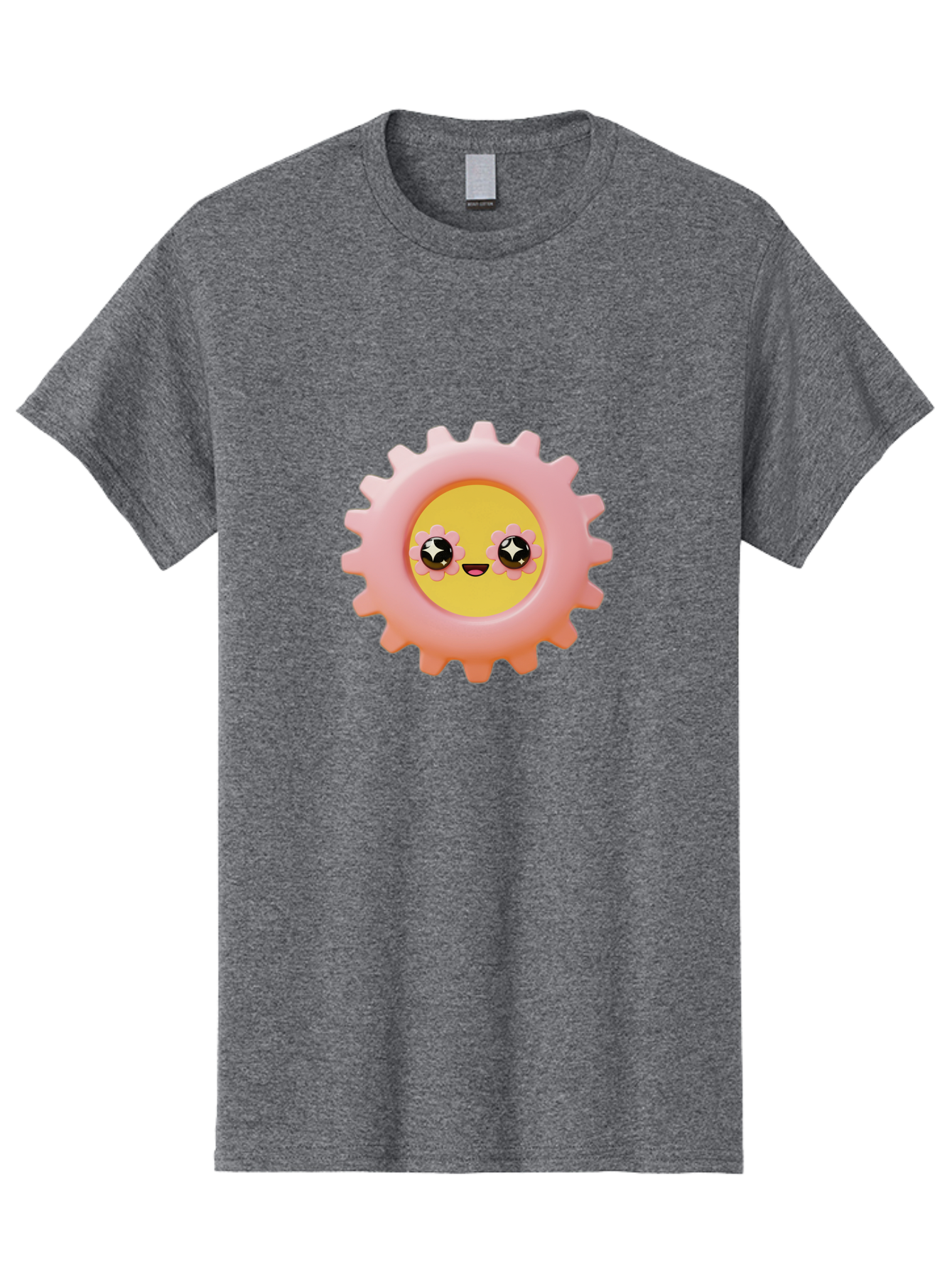 Cog-Emoji Men'S Graphic Tee, 100% Cotton, Comfortable Casual Summer Wear, Machine Washable, Pink Gear, Smiley Face, Cartoon Character, Playful Smile, Happy Expression, Cute Design, Toothed Wheel, Yellow Center, Black Eyes Bac882