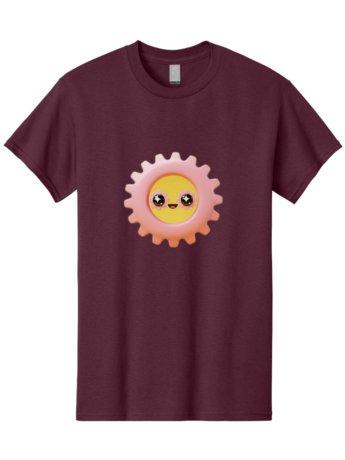 Cog-Emoji Men'S Graphic Tee, 100% Cotton, Comfortable Casual Summer Wear, Machine Washable, Pink Gear, Smiley Face, Cartoon Character, Playful Smile, Happy Expression, Cute Design, Toothed Wheel, Yellow Center, Black Eyes Bac882