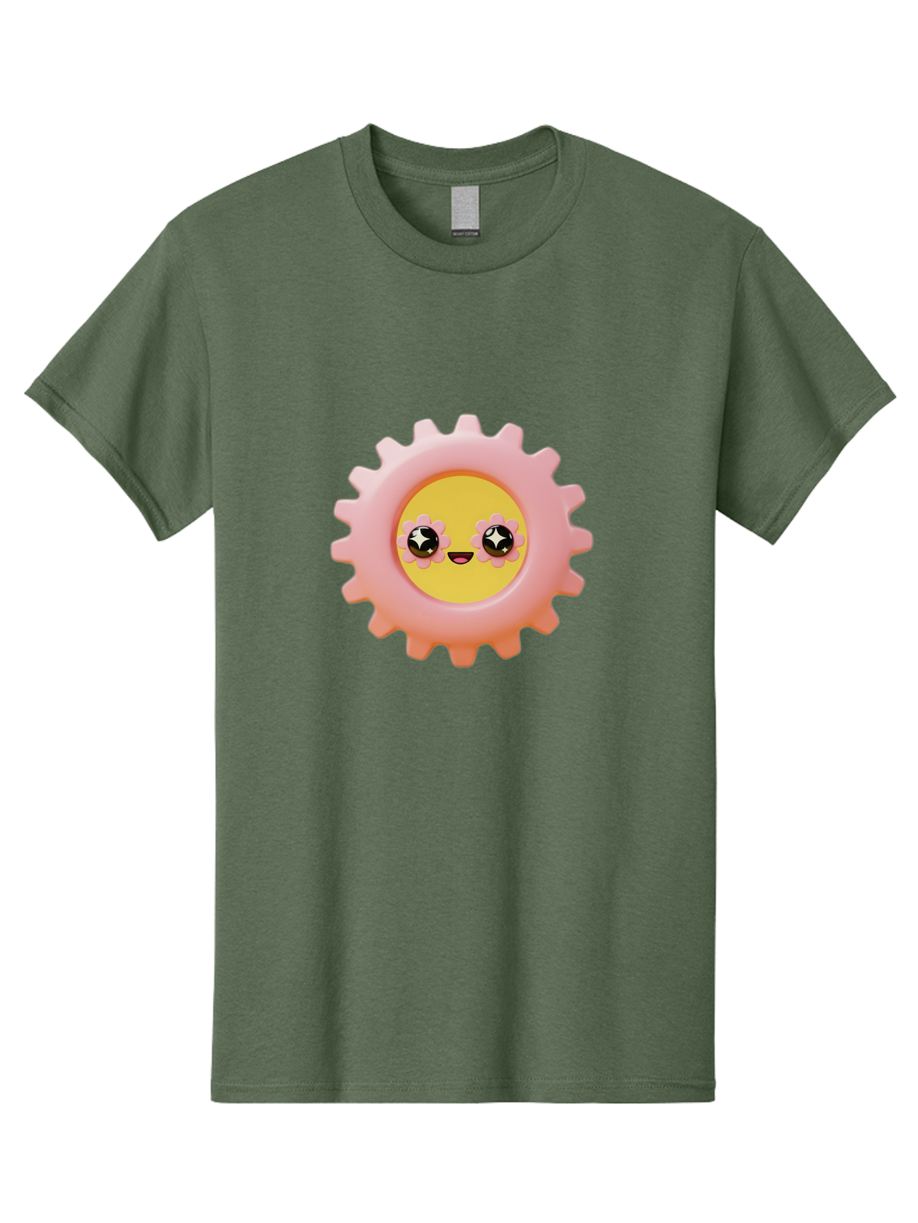 Cog-Emoji Men'S Graphic Tee, 100% Cotton, Comfortable Casual Summer Wear, Machine Washable, Pink Gear, Smiley Face, Cartoon Character, Playful Smile, Happy Expression, Cute Design, Toothed Wheel, Yellow Center, Black Eyes Bac882