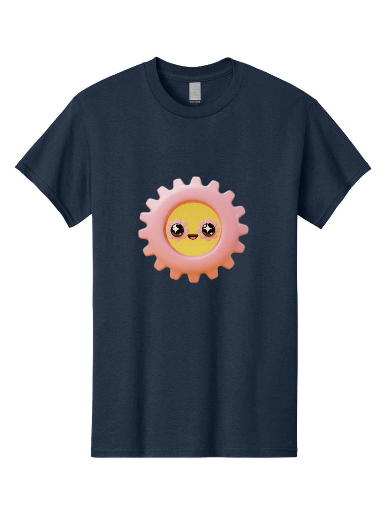 Cog-Emoji Men'S Graphic Tee, 100% Cotton, Comfortable Casual Summer Wear, Machine Washable, Pink Gear, Smiley Face, Cartoon Character, Playful Smile, Happy Expression, Cute Design, Toothed Wheel, Yellow Center, Black Eyes Bac882