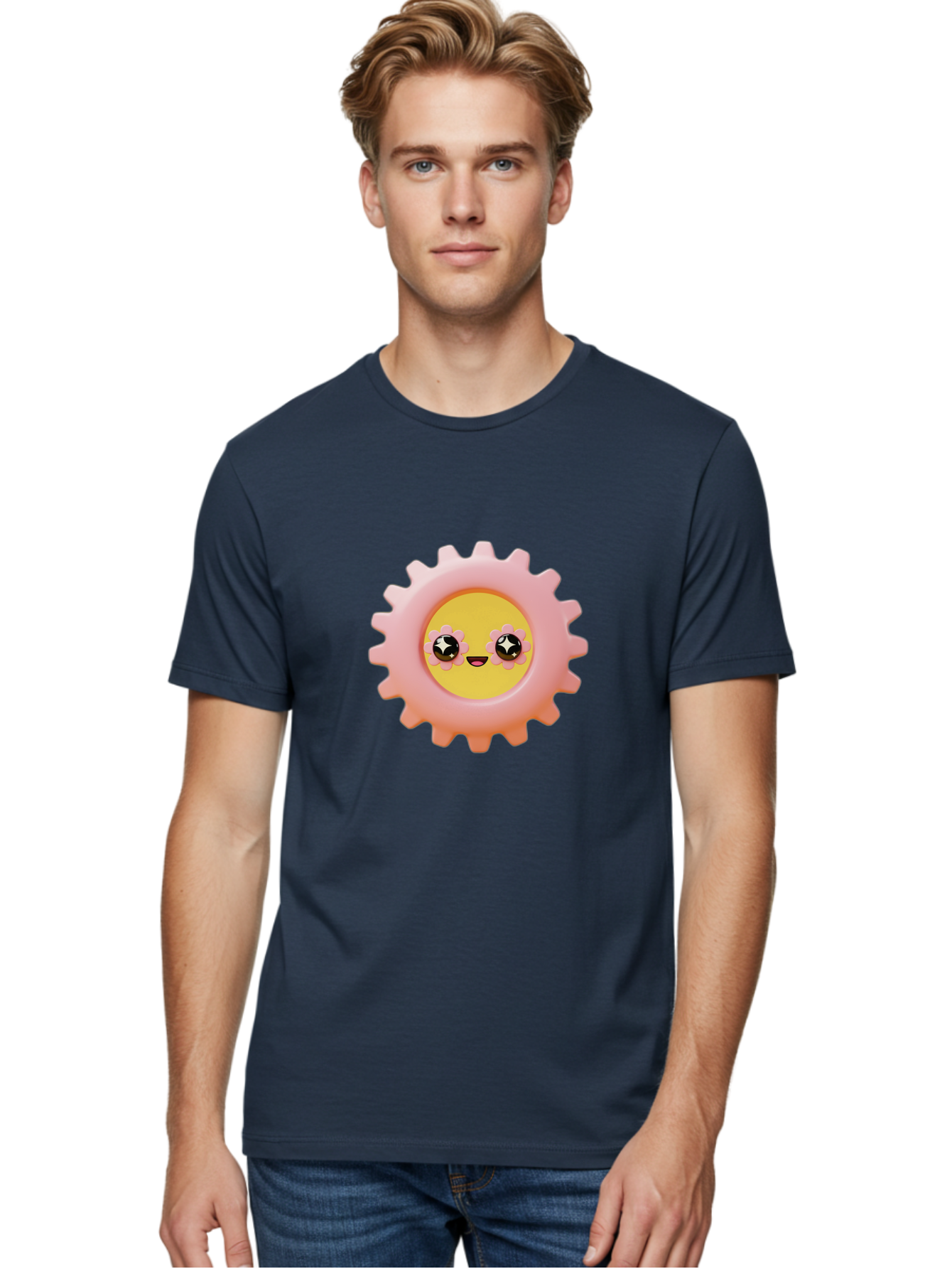 Cog-Emoji Men'S Graphic Tee, 100% Cotton, Comfortable Casual Summer Wear, Machine Washable, Pink Gear, Smiley Face, Cartoon Character, Playful Smile, Happy Expression, Cute Design, Toothed Wheel, Yellow Center, Black Eyes Bac882