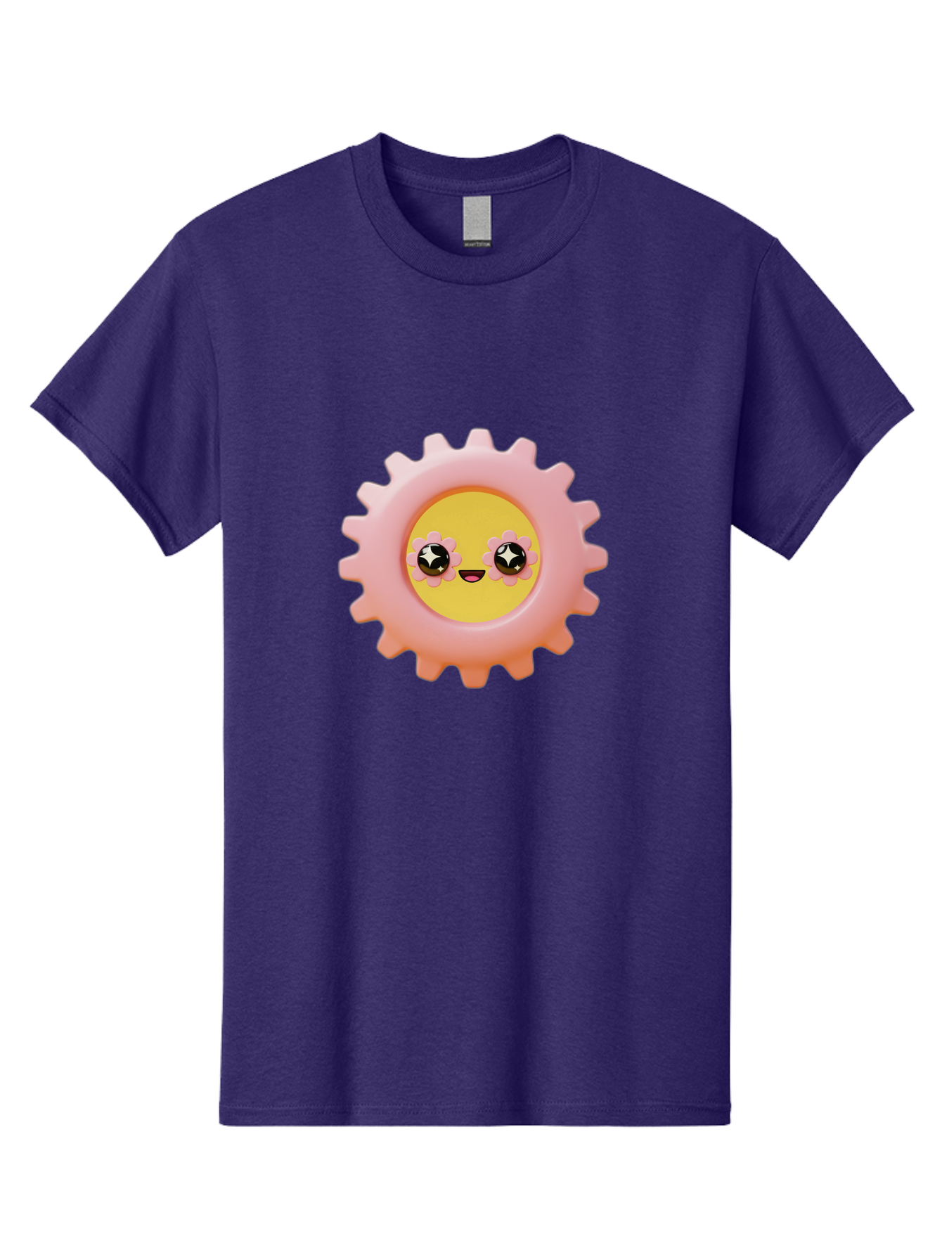 Cog-Emoji Men'S Graphic Tee, 100% Cotton, Comfortable Casual Summer Wear, Machine Washable, Pink Gear, Smiley Face, Cartoon Character, Playful Smile, Happy Expression, Cute Design, Toothed Wheel, Yellow Center, Black Eyes Bac882