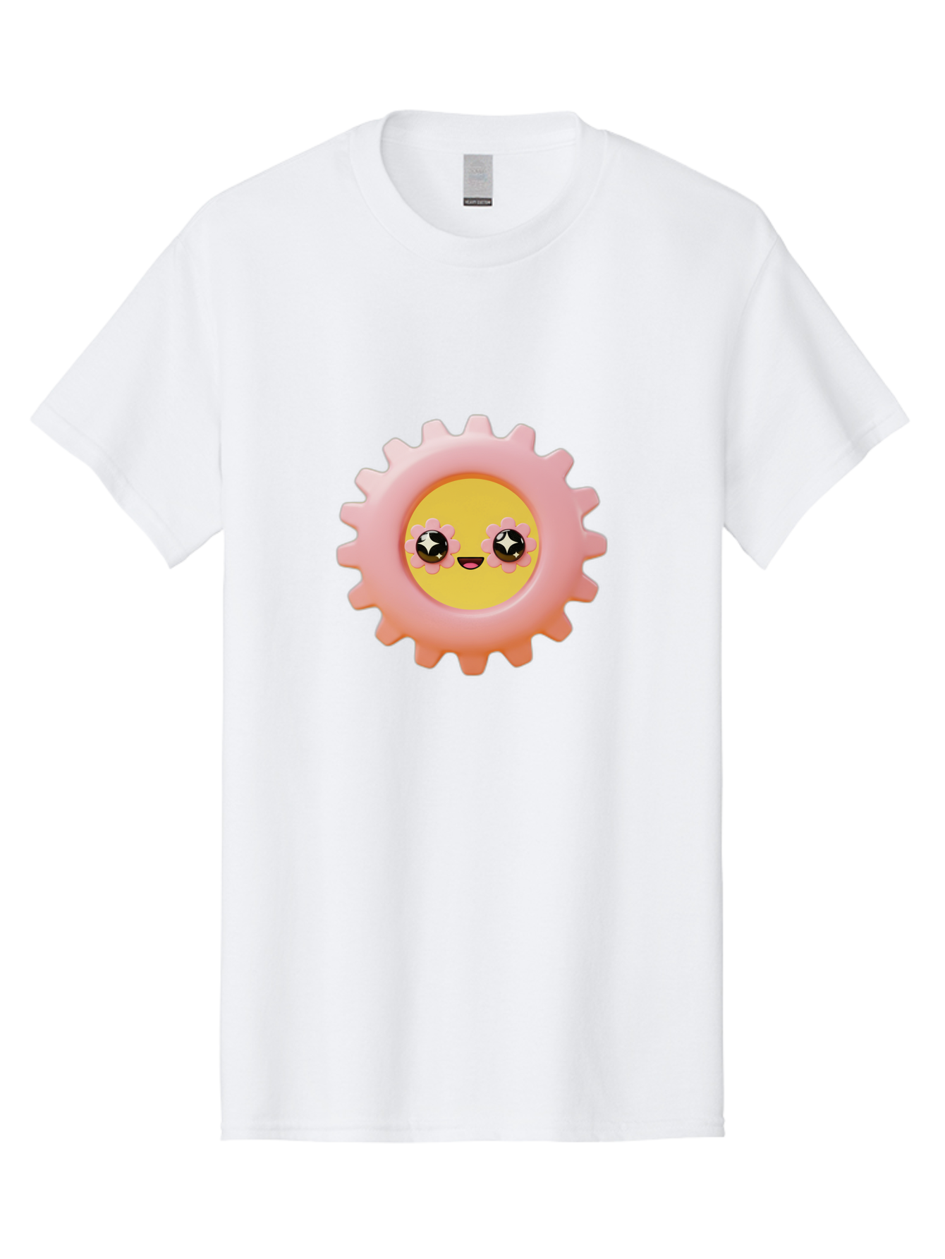 Cog-Emoji Men'S Graphic Tee, 100% Cotton, Comfortable Casual Summer Wear, Machine Washable, Pink Gear, Smiley Face, Cartoon Character, Playful Smile, Happy Expression, Cute Design, Toothed Wheel, Yellow Center, Black Eyes Bac882