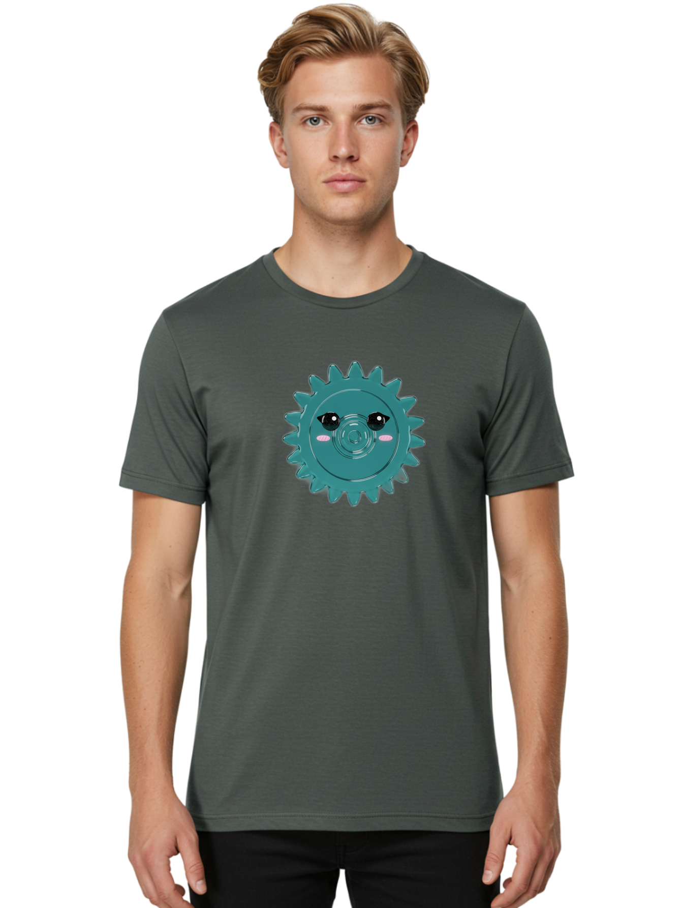 Cog-With-Eyes Men'S Graphic Tee, 100% Cotton, Comfortable Casual Summer Wear, Machine Washable, Cartoon Cog, Mechanical Face, Cute Illustration, Digital Art, Spiky Gear, Playful Design, Tech-Inspired, Fun Character, Machinery Personified, Bac883