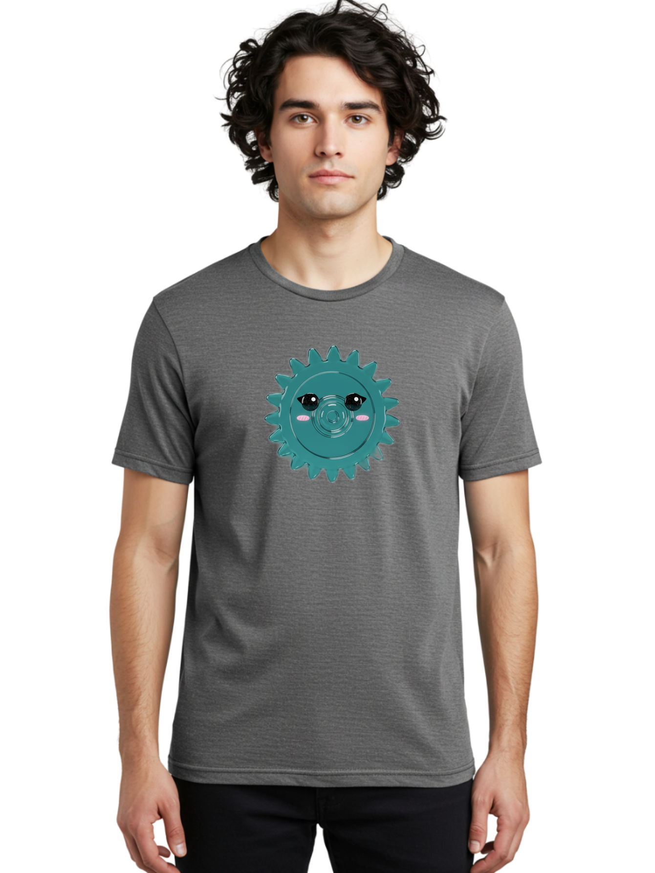 Cog-With-Eyes Men'S Graphic Tee, 100% Cotton, Comfortable Casual Summer Wear, Machine Washable, Cartoon Cog, Mechanical Face, Cute Illustration, Digital Art, Spiky Gear, Playful Design, Tech-Inspired, Fun Character, Machinery Personified, Bac883
