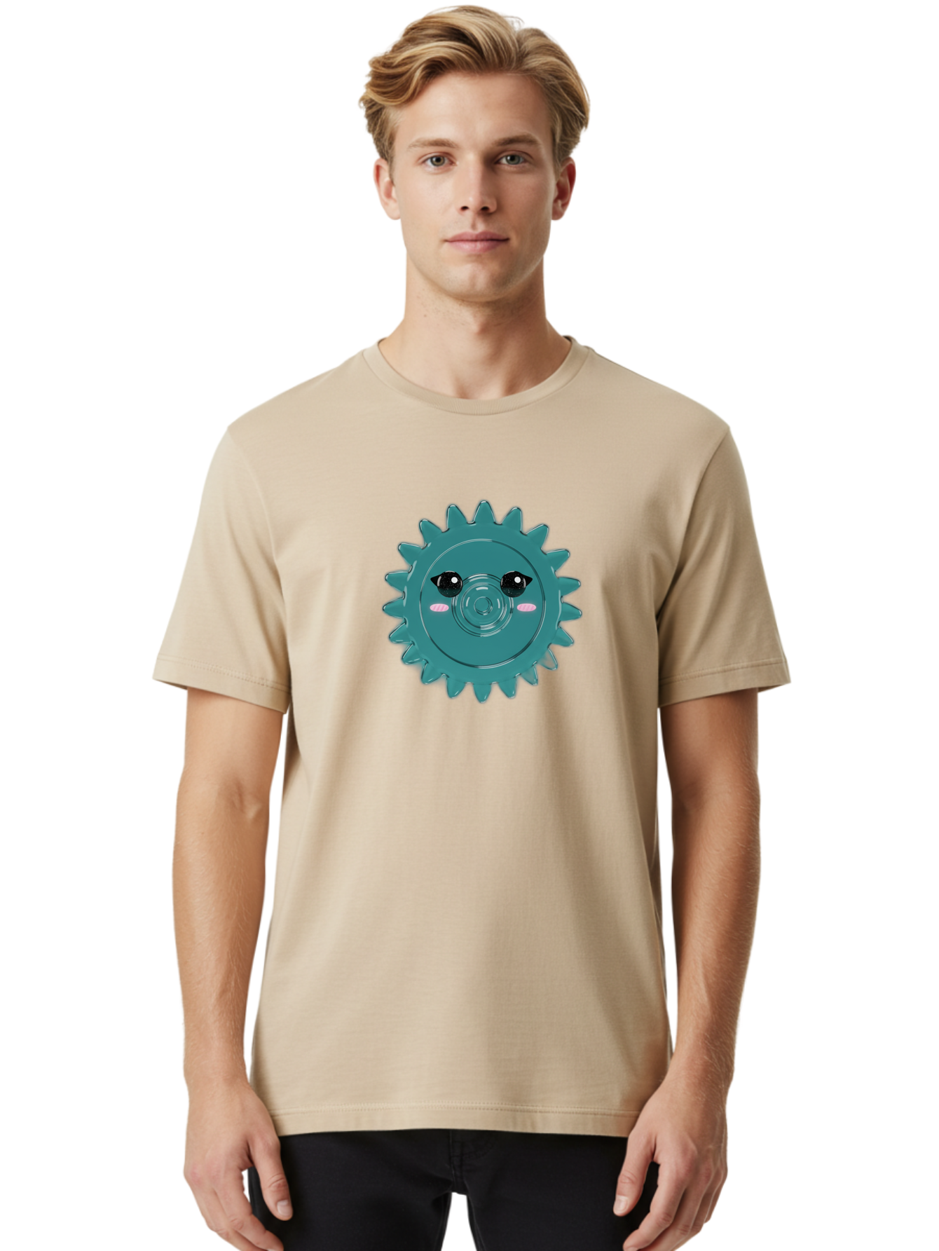 Cog-With-Eyes Men'S Graphic Tee, 100% Cotton, Comfortable Casual Summer Wear, Machine Washable, Cartoon Cog, Mechanical Face, Cute Illustration, Digital Art, Spiky Gear, Playful Design, Tech-Inspired, Fun Character, Machinery Personified, Bac883