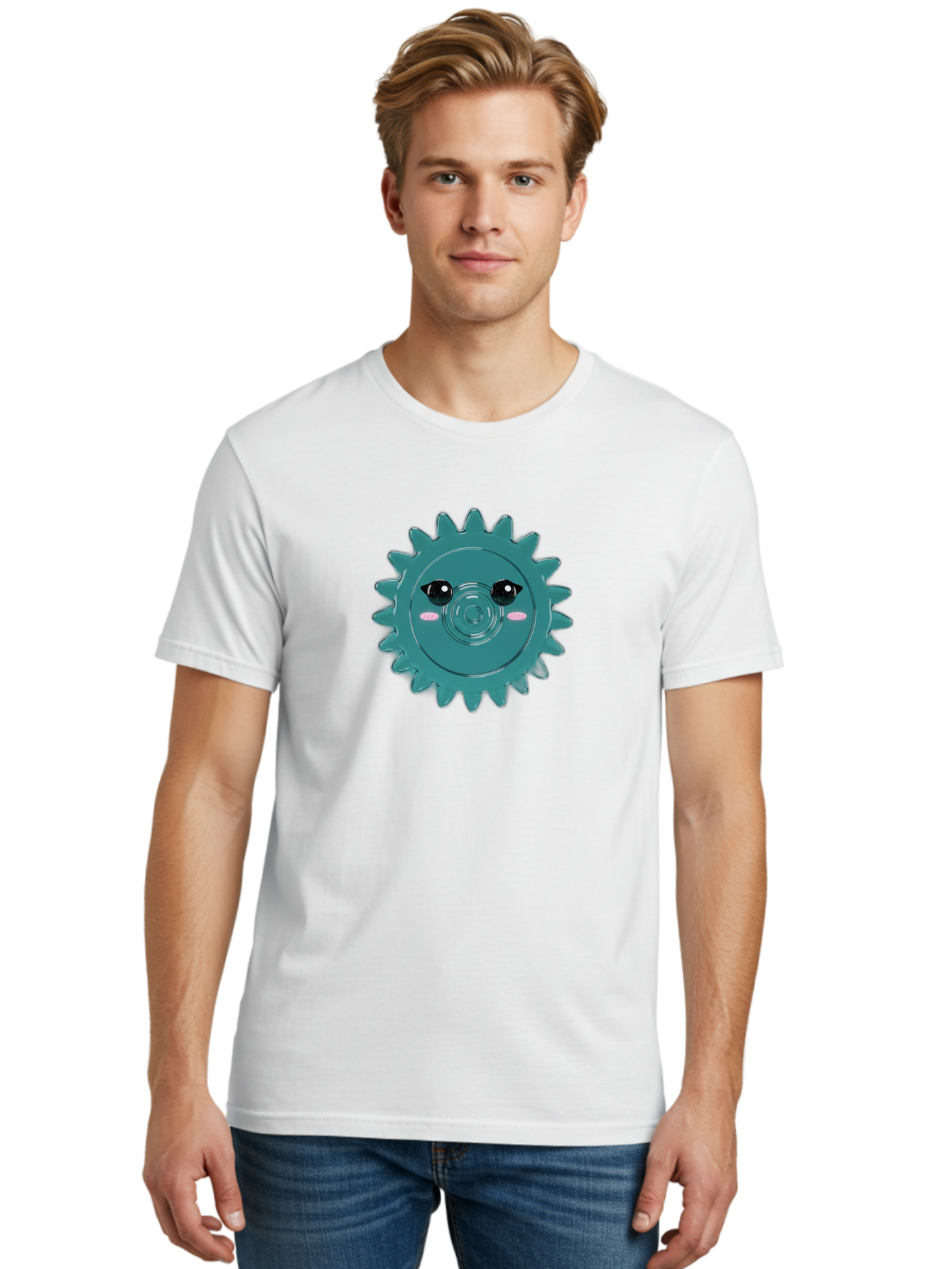 Cog-With-Eyes Men'S Graphic Tee, 100% Cotton, Comfortable Casual Summer Wear, Machine Washable, Cartoon Cog, Mechanical Face, Cute Illustration, Digital Art, Spiky Gear, Playful Design, Tech-Inspired, Fun Character, Machinery Personified, Bac883
