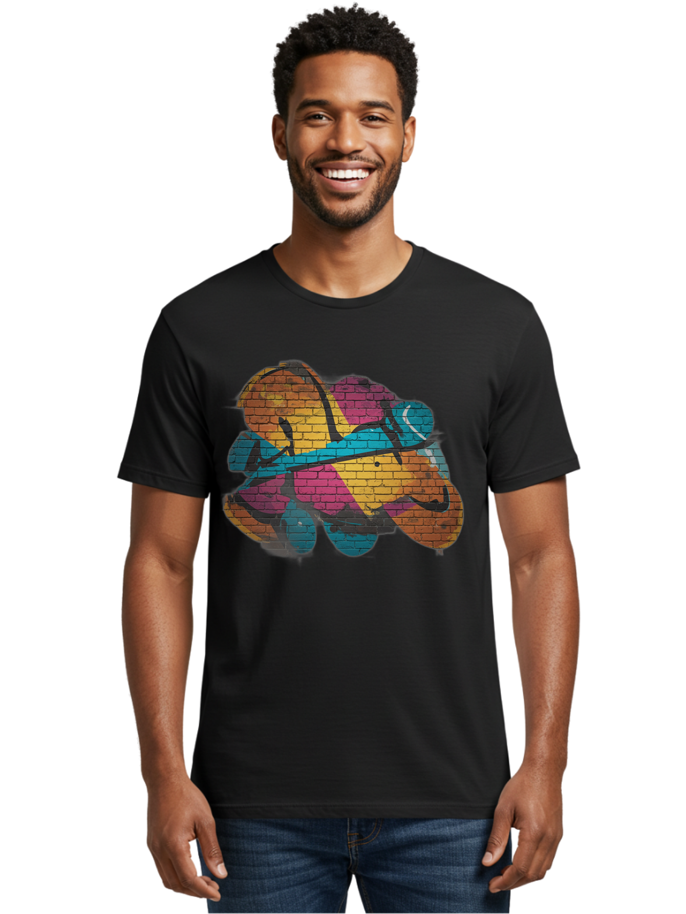 Colorful-Graffiti Men'S Graphic Tee, 100% Cotton, Comfortable Casual Summer Wear, Machine Washable, Graffiti Art, Street Art, Urban Design, Shamrock, Four-Leaf Clover, Colorful Mural, Vibrant Colors, Brick Texture, Symbolic Representation Bac884