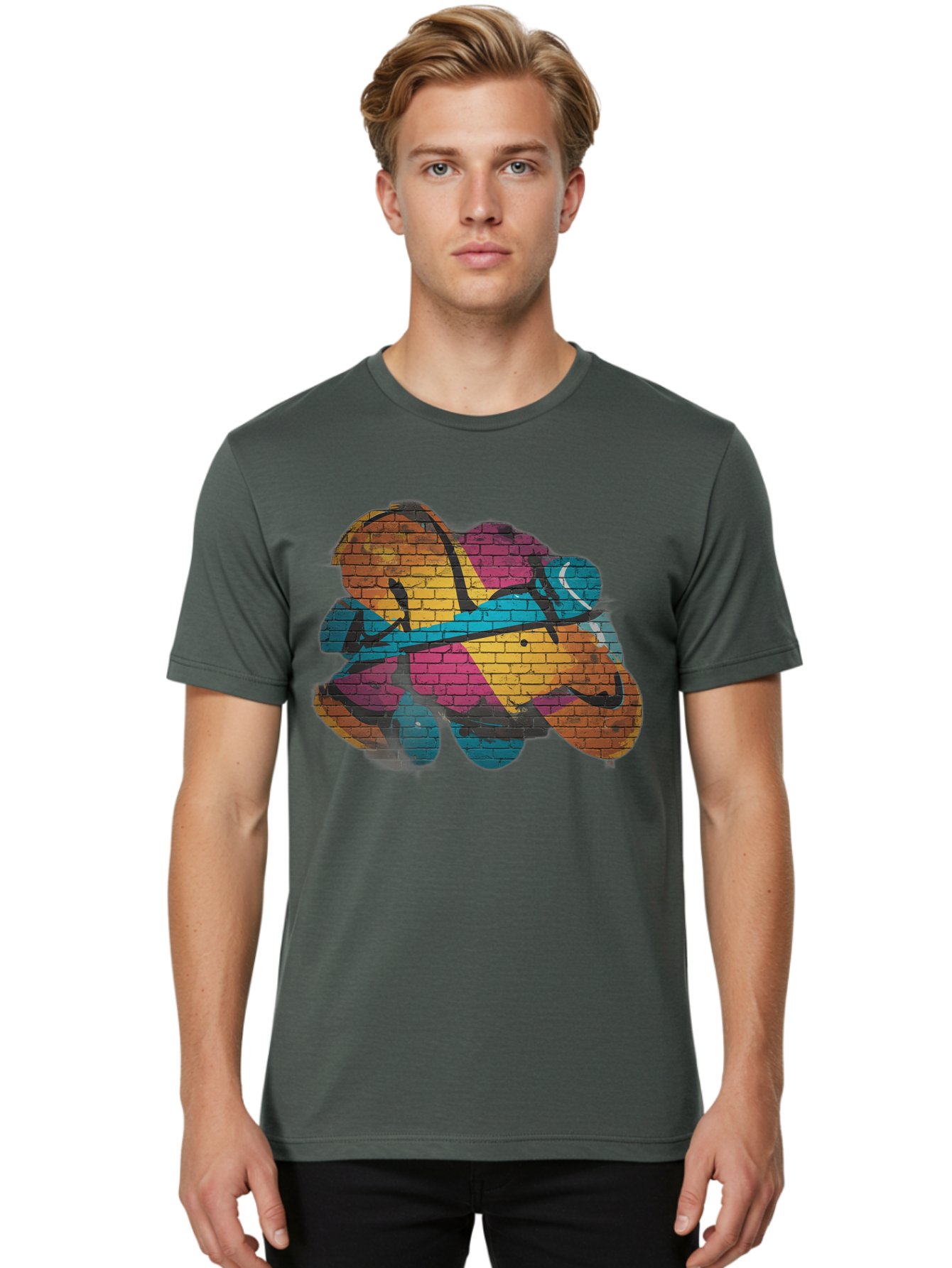 Colorful-Graffiti Men'S Graphic Tee, 100% Cotton, Comfortable Casual Summer Wear, Machine Washable, Graffiti Art, Street Art, Urban Design, Shamrock, Four-Leaf Clover, Colorful Mural, Vibrant Colors, Brick Texture, Symbolic Representation Bac884