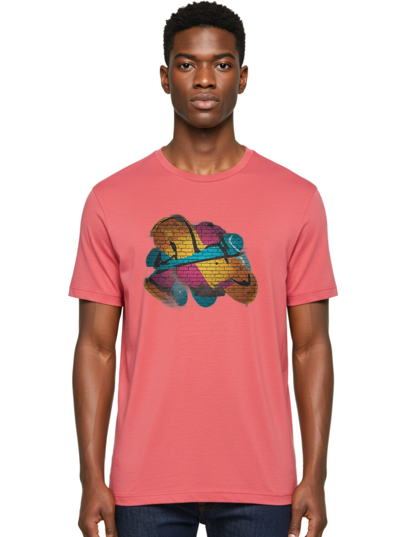 Colorful-Graffiti Men'S Graphic Tee, 100% Cotton, Comfortable Casual Summer Wear, Machine Washable, Graffiti Art, Street Art, Urban Design, Shamrock, Four-Leaf Clover, Colorful Mural, Vibrant Colors, Brick Texture, Symbolic Representation Bac884