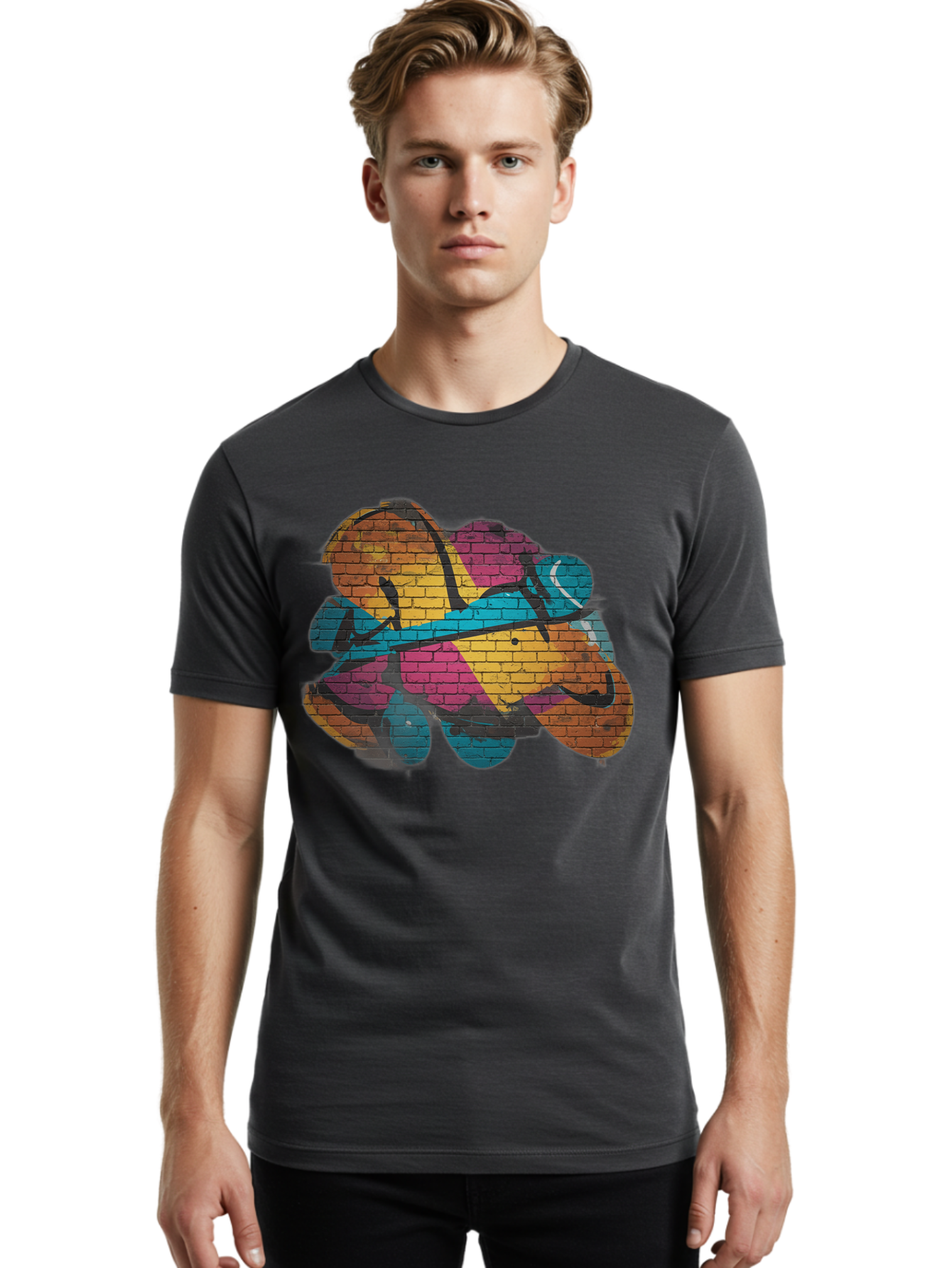 Colorful-Graffiti Men'S Graphic Tee, 100% Cotton, Comfortable Casual Summer Wear, Machine Washable, Graffiti Art, Street Art, Urban Design, Shamrock, Four-Leaf Clover, Colorful Mural, Vibrant Colors, Brick Texture, Symbolic Representation Bac884